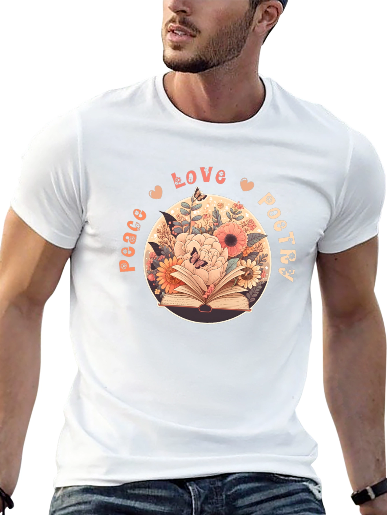 Black Peace Love Poetry T-Shirt - Floral Book Design view 13