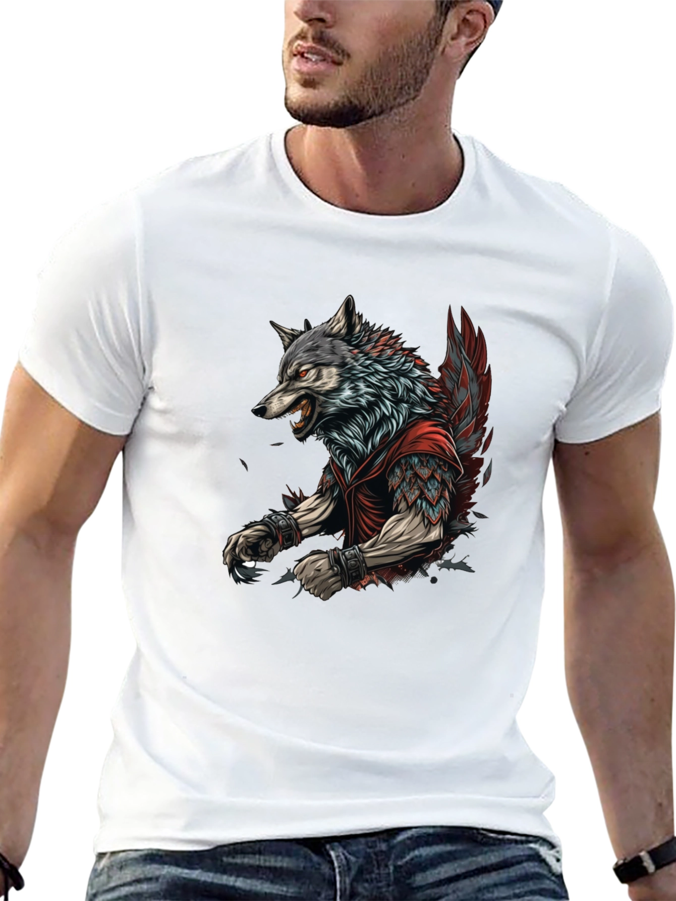 Black Wolf Warrior Graphic Print Black T-Shirt view 13