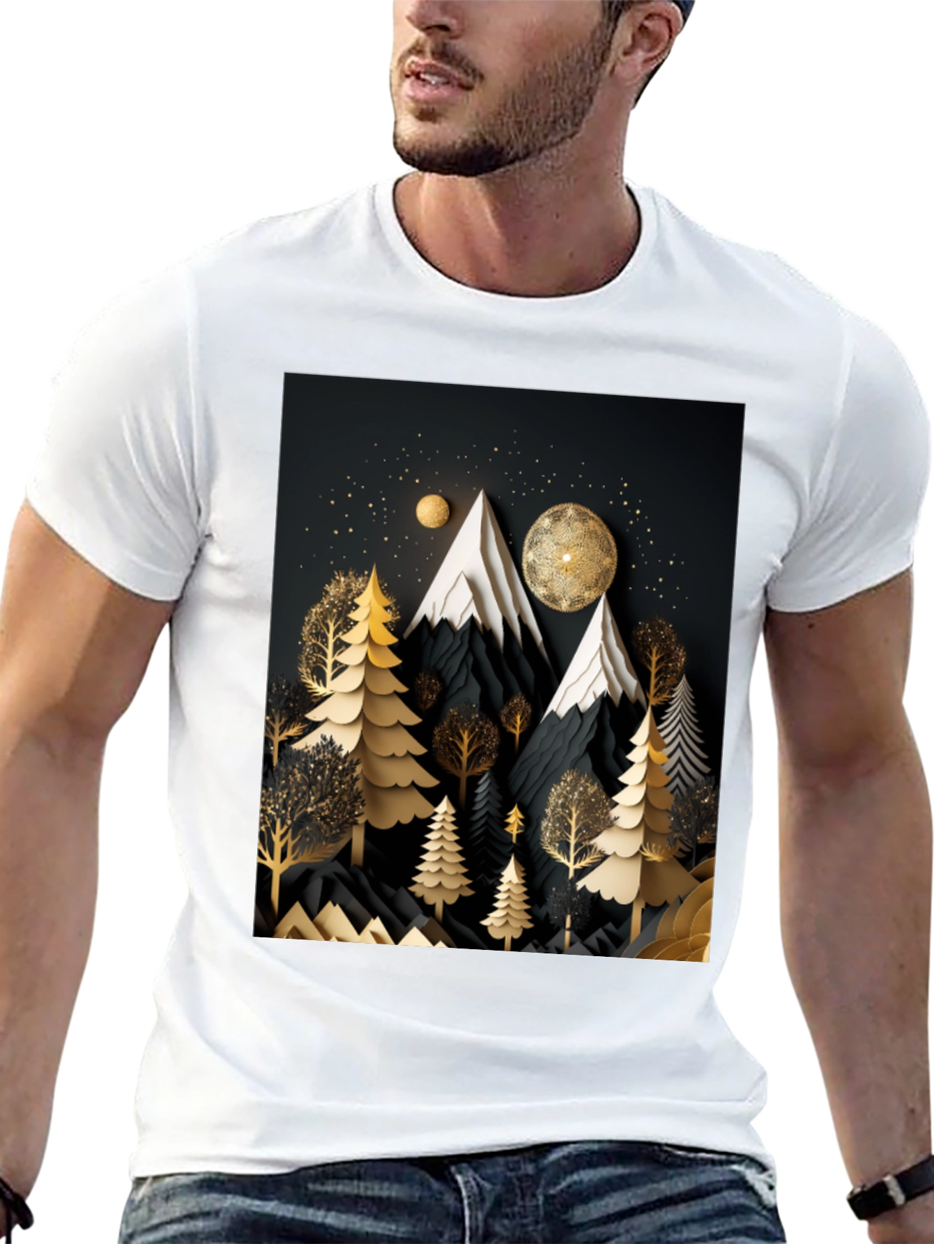 Black Elegant Mountain Forest T-Shirt view 13
