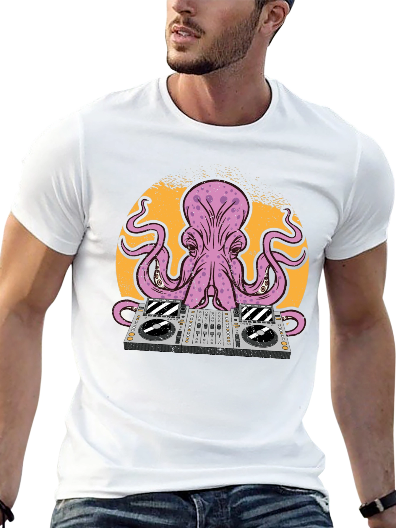 Black DJ Octopus Graphic Tee - Black Cotton T-Shirt view 13