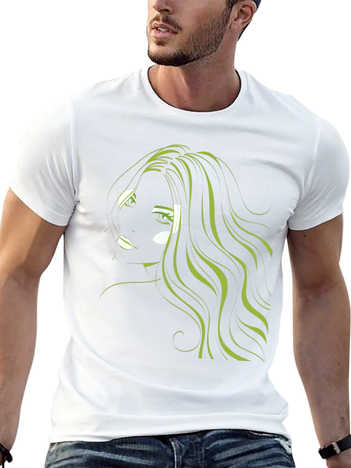 Black Graphic T-Shirt: Green Hair Anime Style view 13