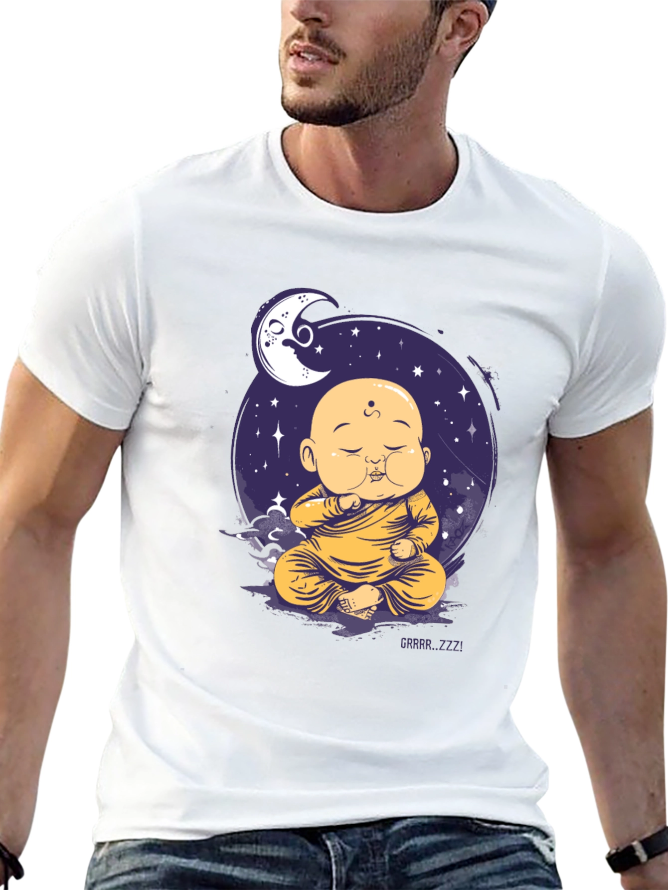 Black Zen Monk Moon T-Shirt - Sleepy Buddha Design view 13