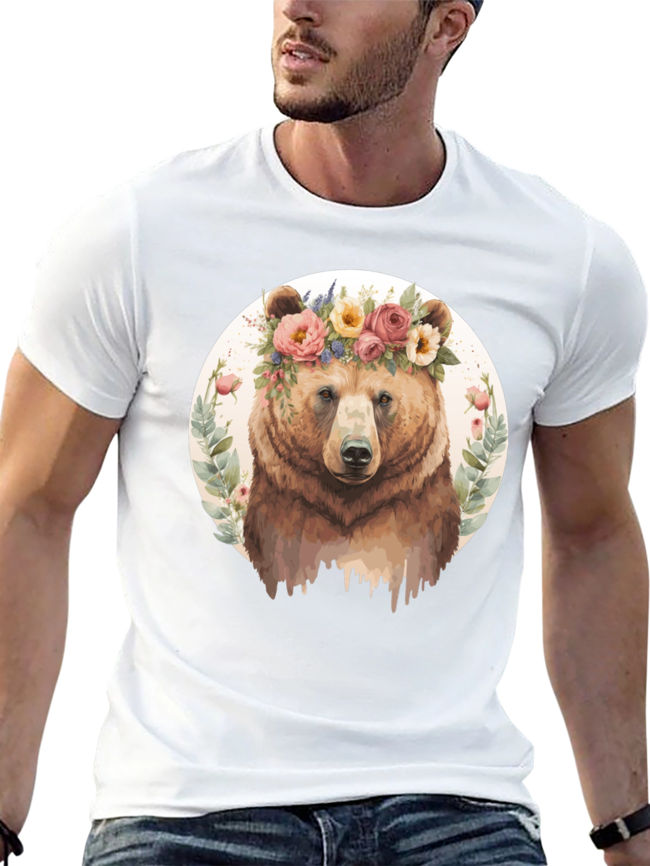 Black Floral Bear Graphic Tee - Men's Black T-Shirt view 13