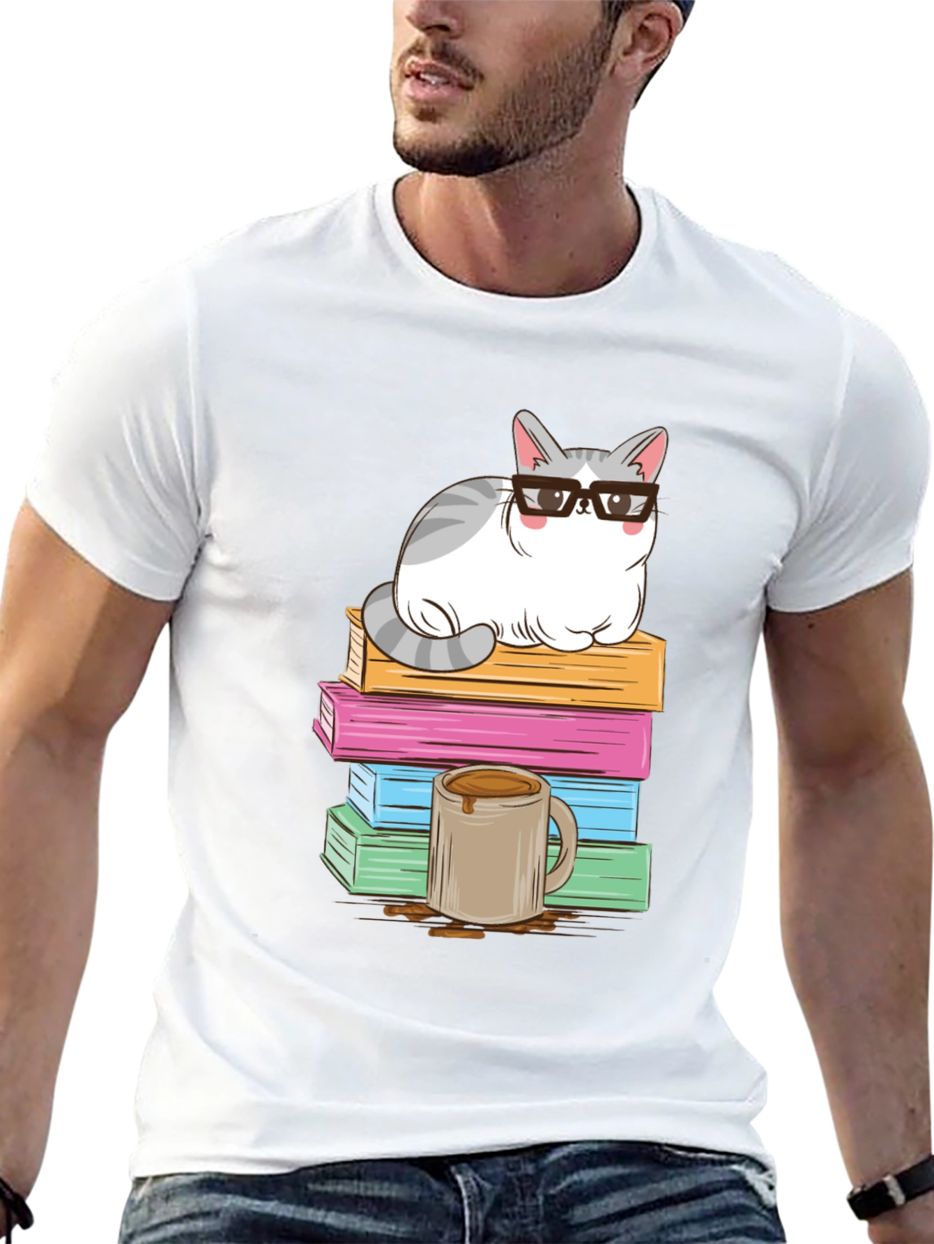 Black Cat with Glasses on Books T-Shirt view 13