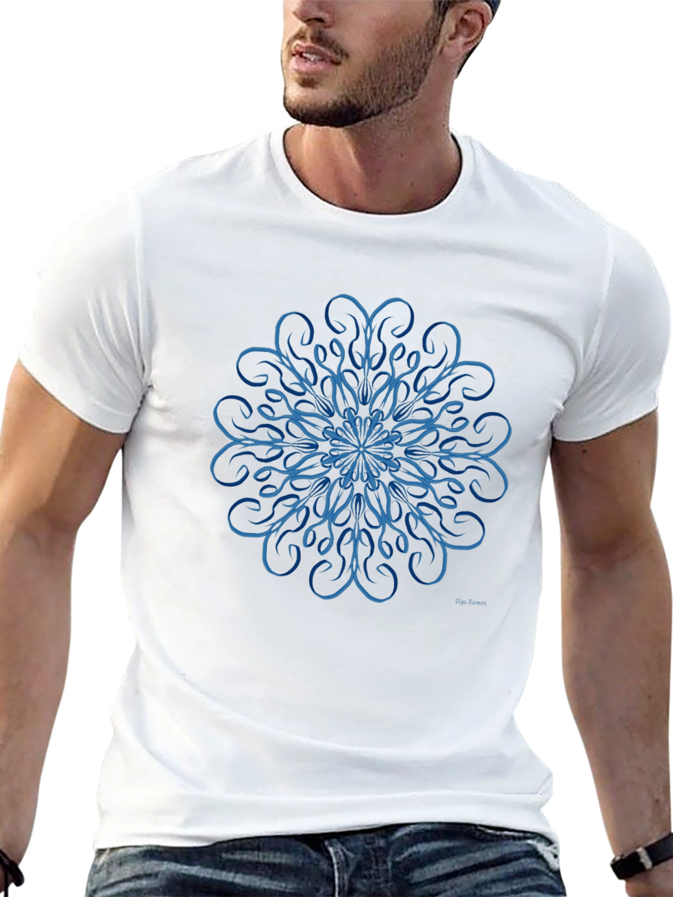 Black Blue Swirl Mandala Design Black T-Shirt view 13