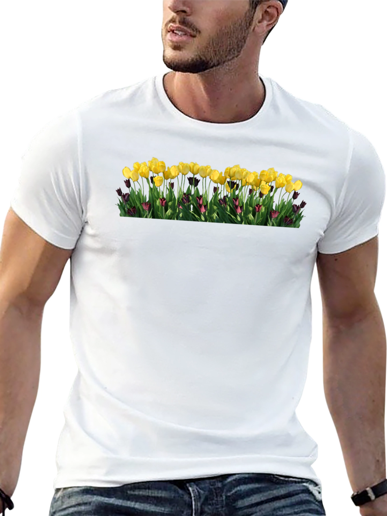 Black Floral Print T-Shirt - Yellow Tulips view 13