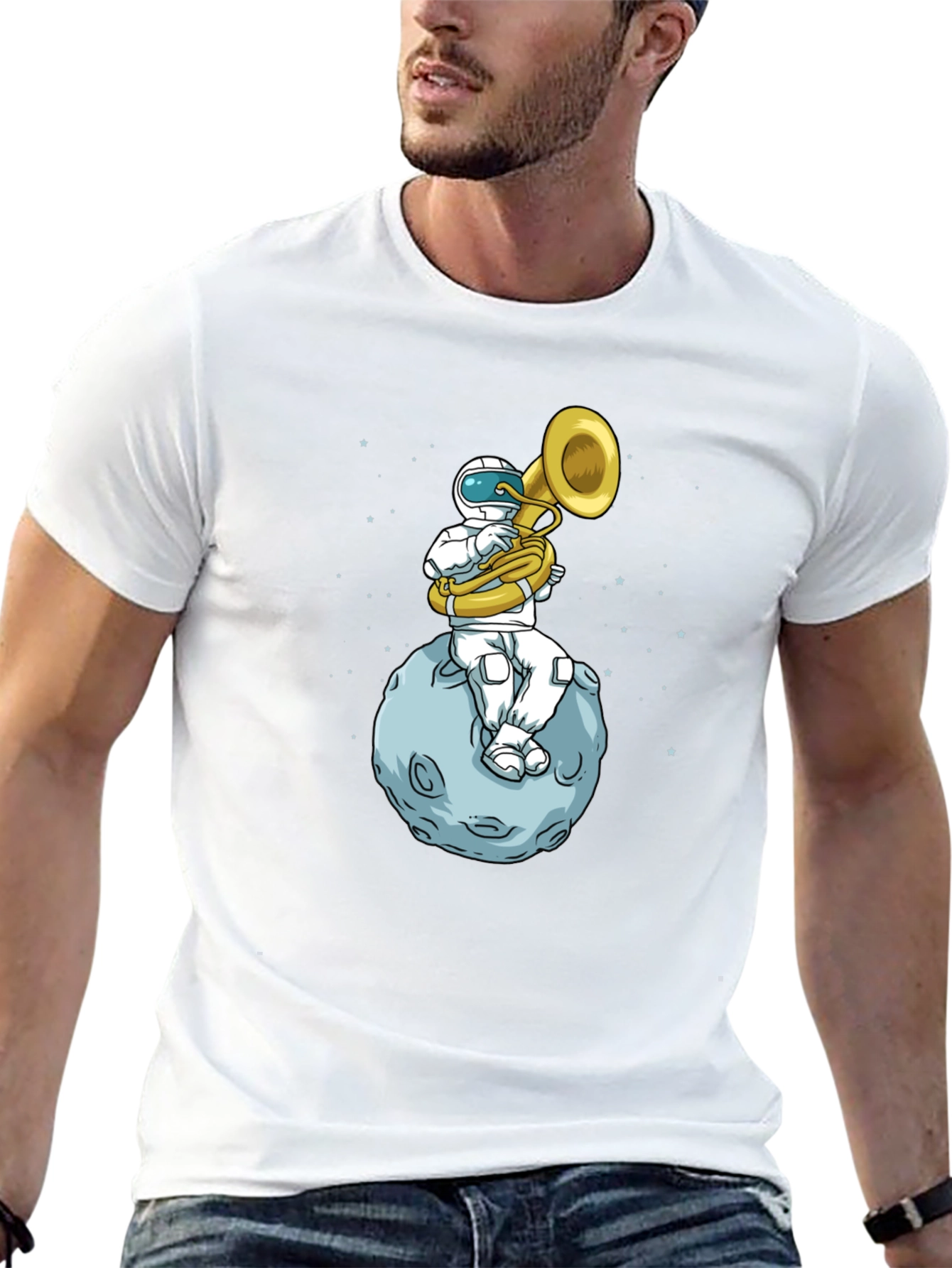 Black Astronaut Tuba Player on Moon T-Shirt view 13