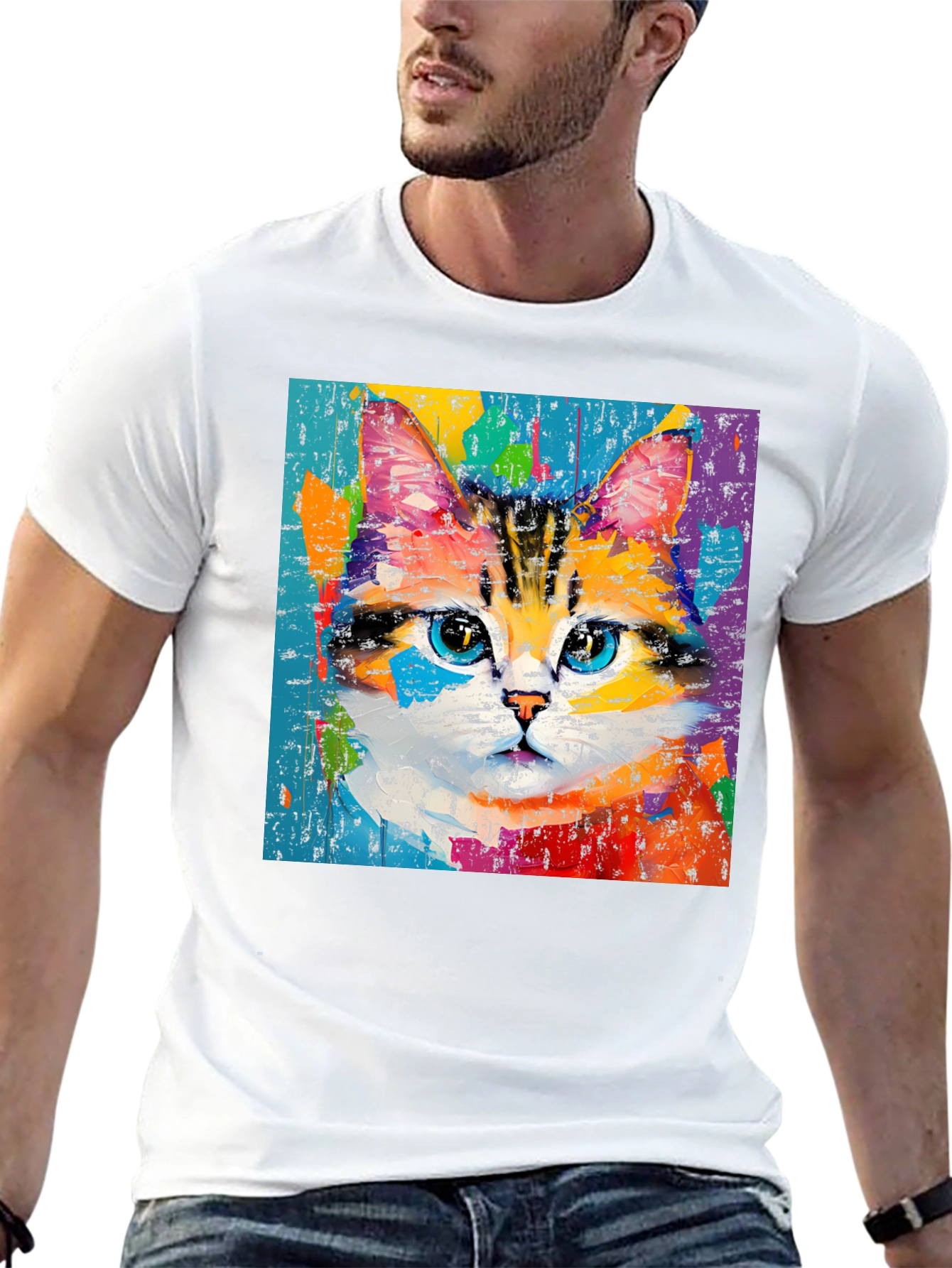 Black Colorful Cat Art T-Shirt view 13