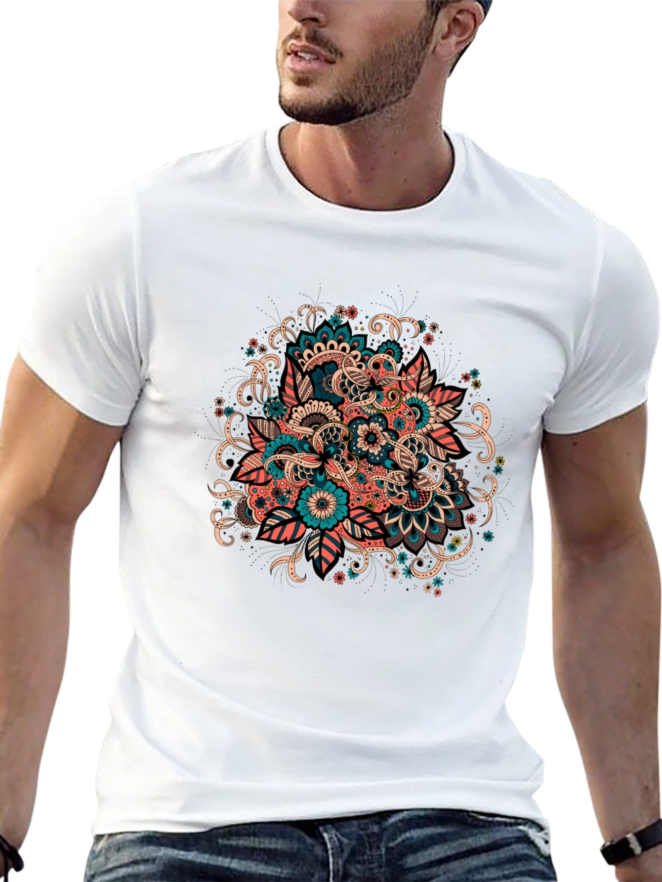 Black Floral Mandala Graphic Tee - Black Cotton T-Shirt view 13