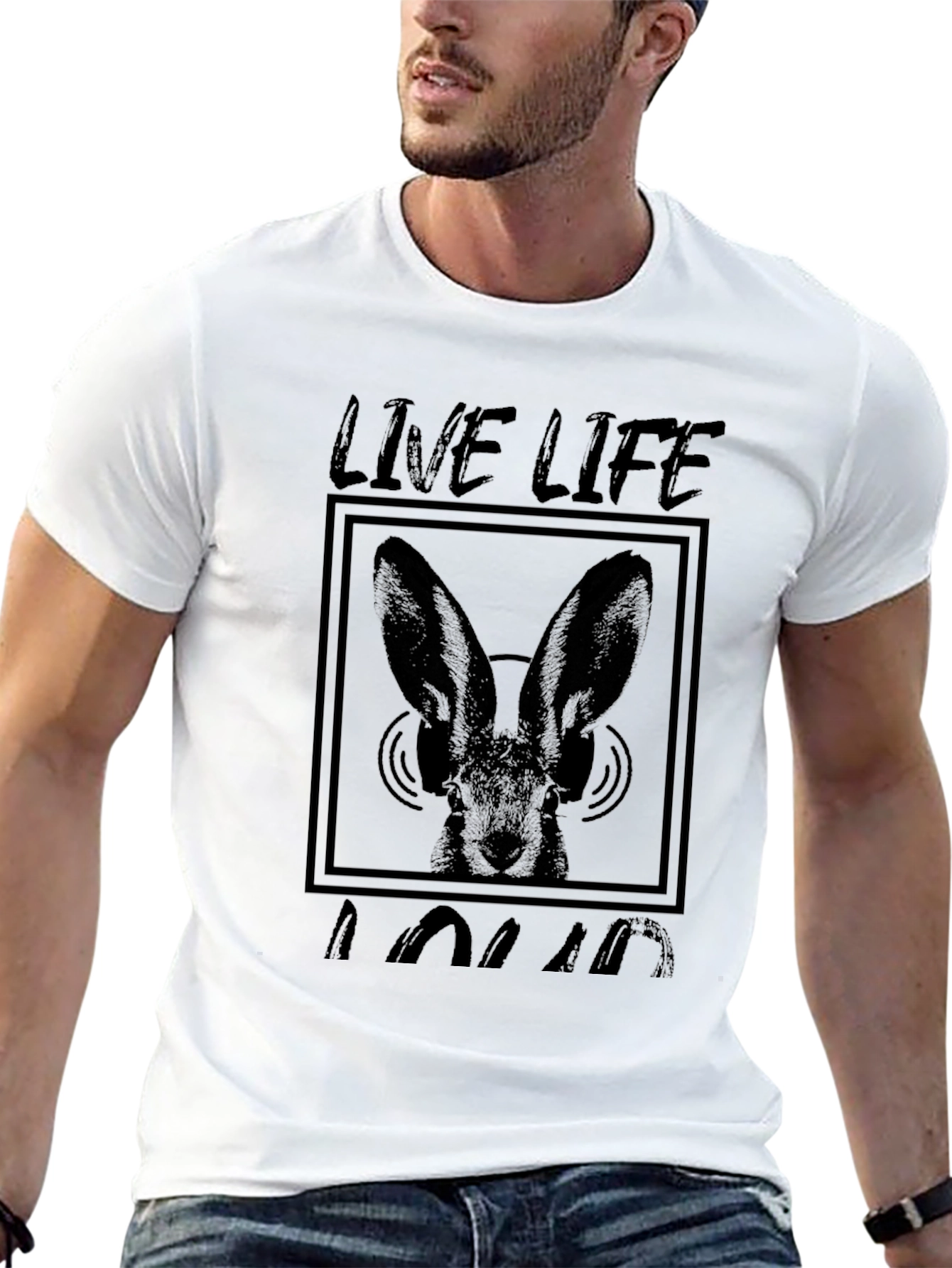 Black Live Life Loud T-Shirt - Rabbit with Headphones view 13