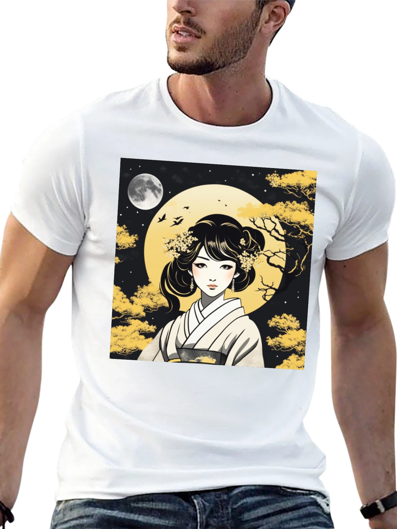 Black Asian Woman T-Shirt - Moonlit Kimono Design view 13