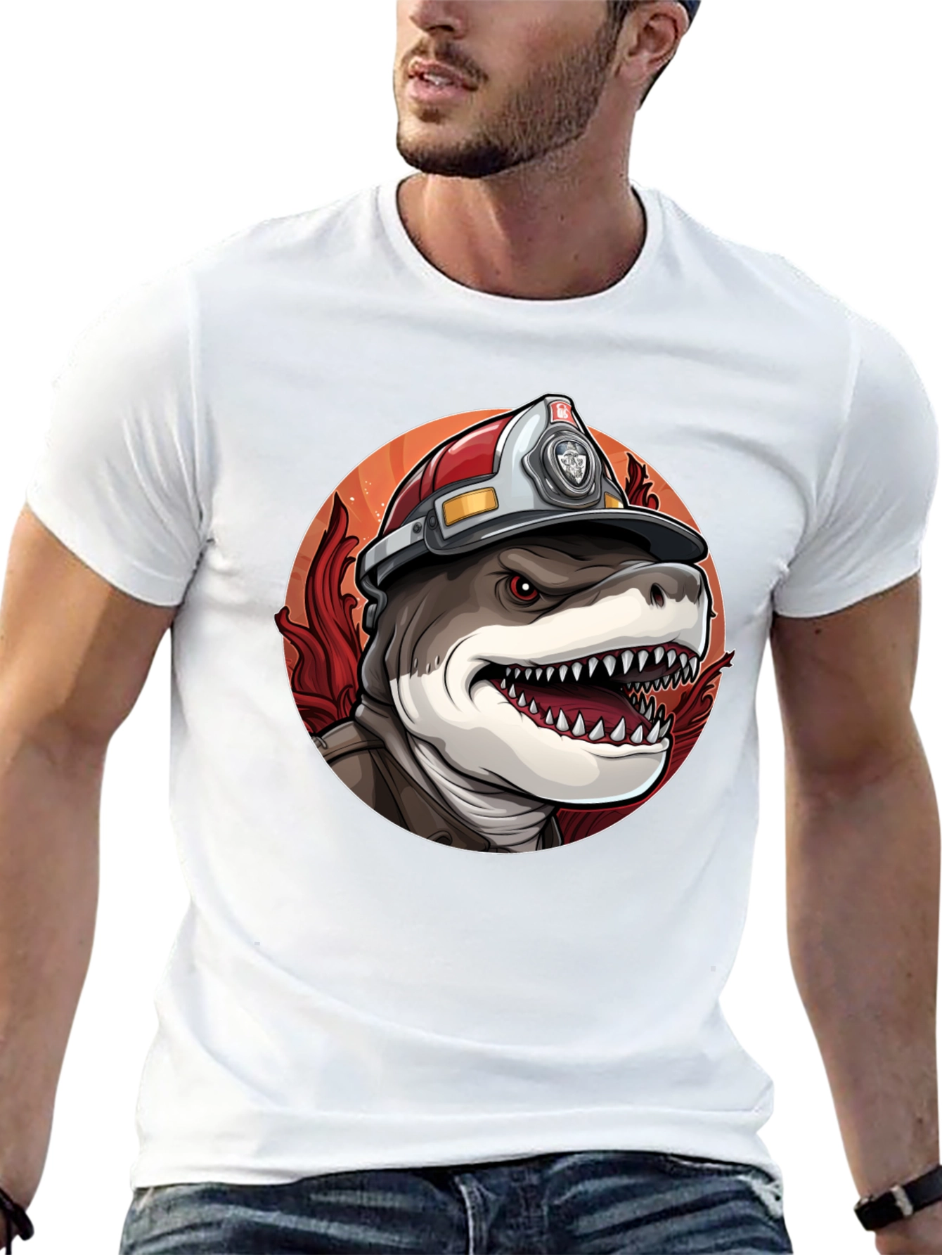 Black Firefighter Shark T-Shirt - Quirky Graphic Tee view 13