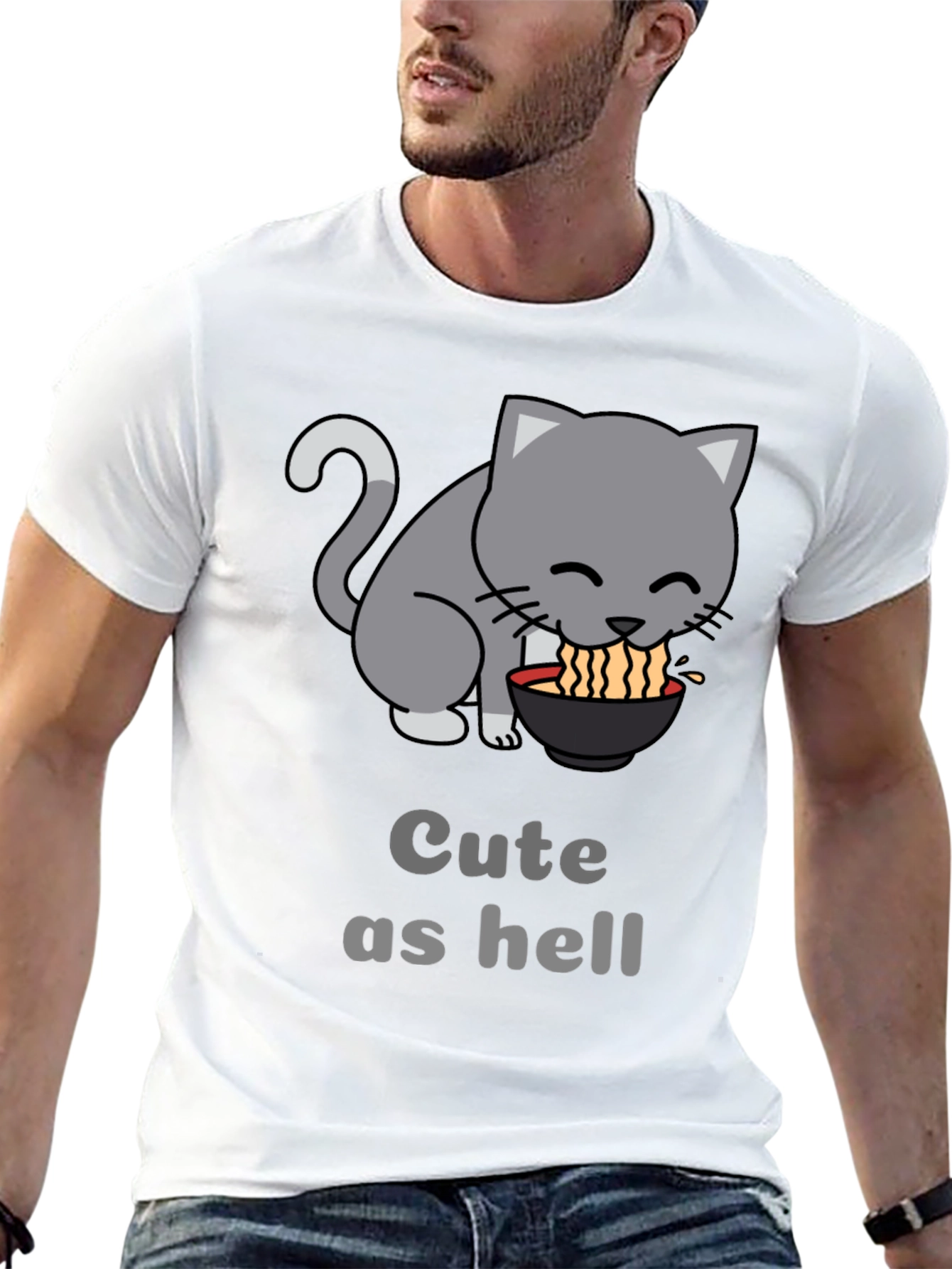 Black Cute Cat Ramen T-Shirt - Funny Anime Style Tee view 13
