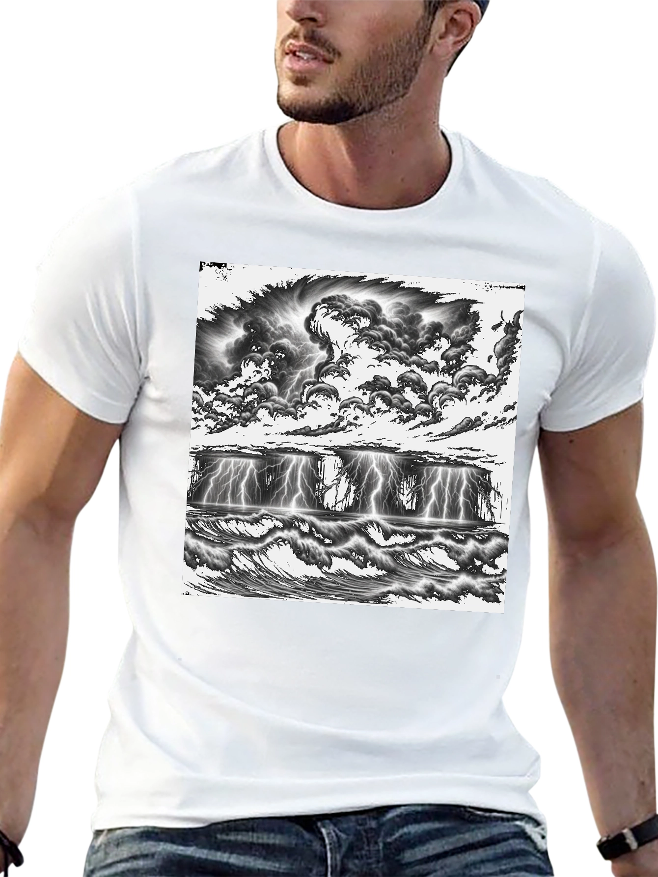 Black Stormy Seas Graphic Tee - Black Cotton T-Shirt view 13