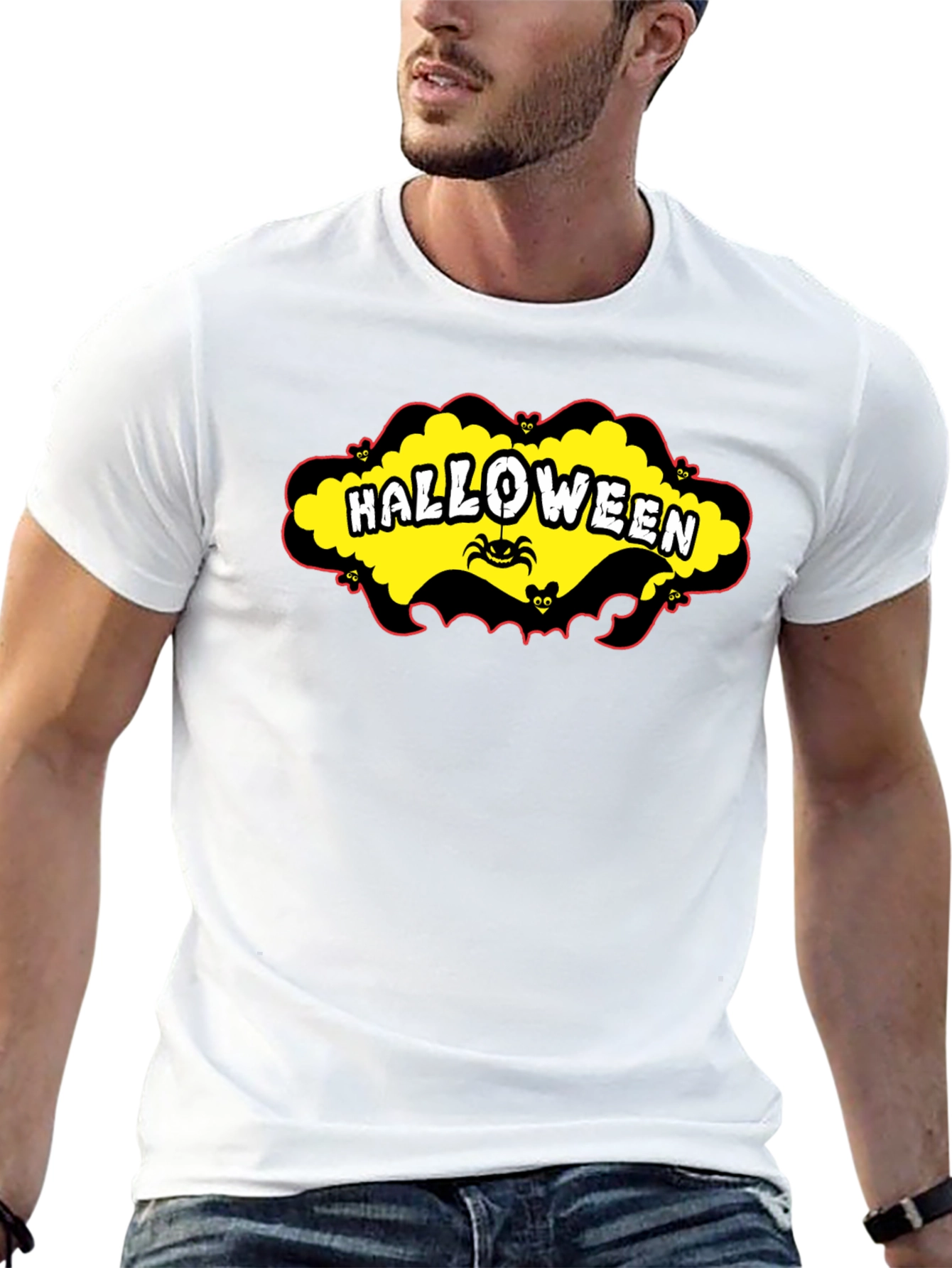 Black Halloween T-Shirt - Spooky Spider & Bats Design view 13