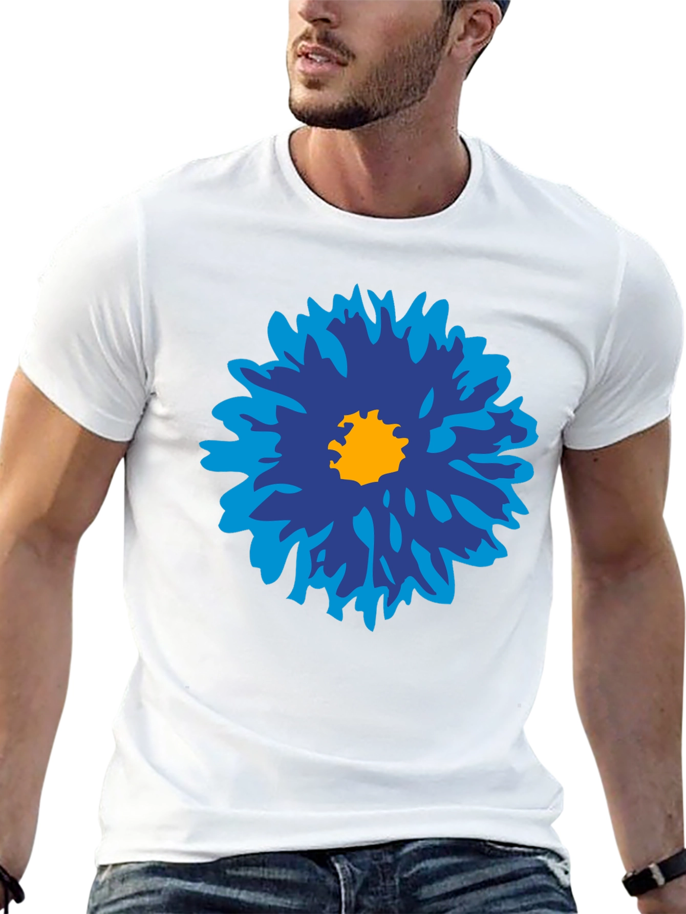 Black Blue Flower Graphic Tee - Men's Black Cotton T-Shirt view 13