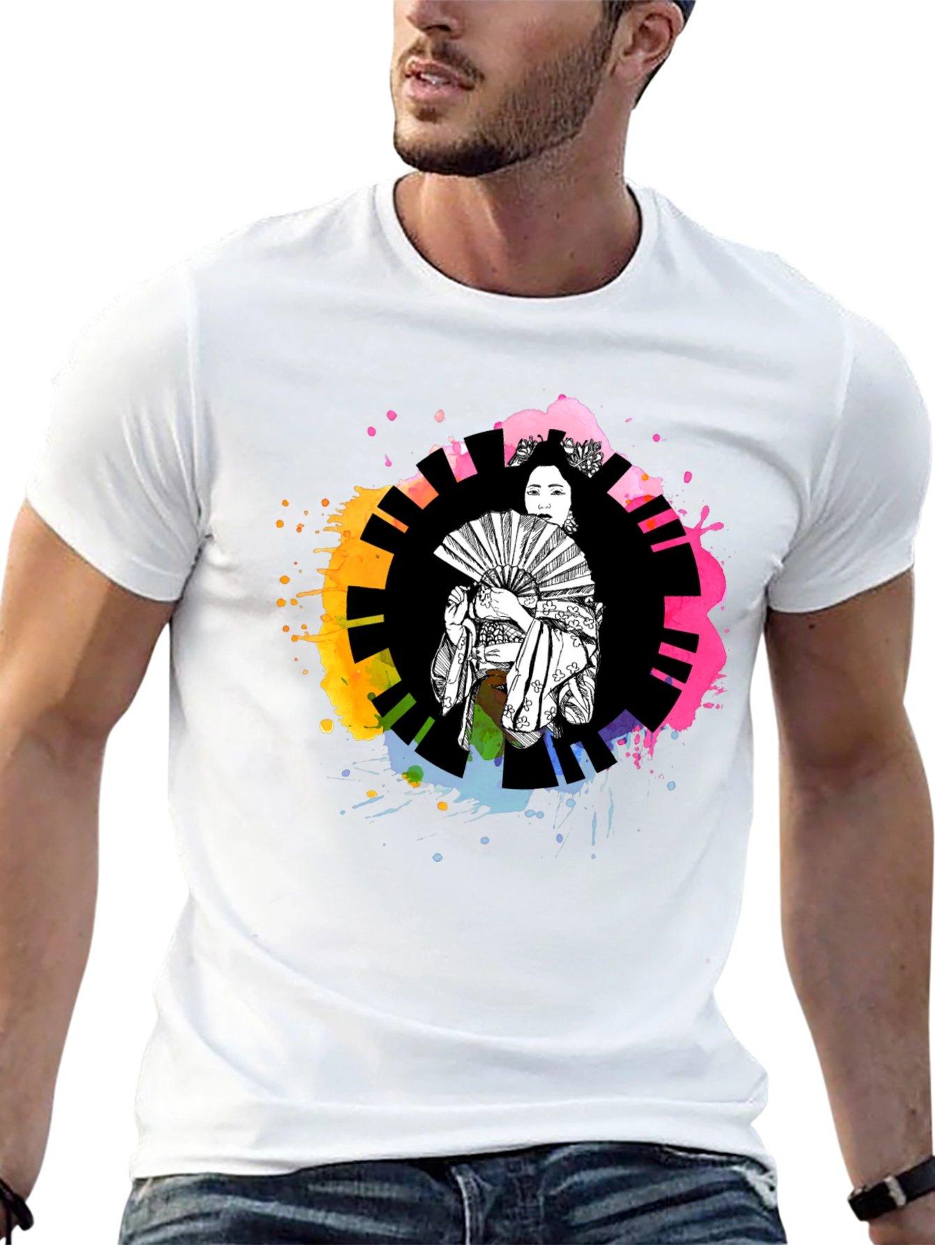 Black Geisha Art T-Shirt - Colorful Piano Design view 13