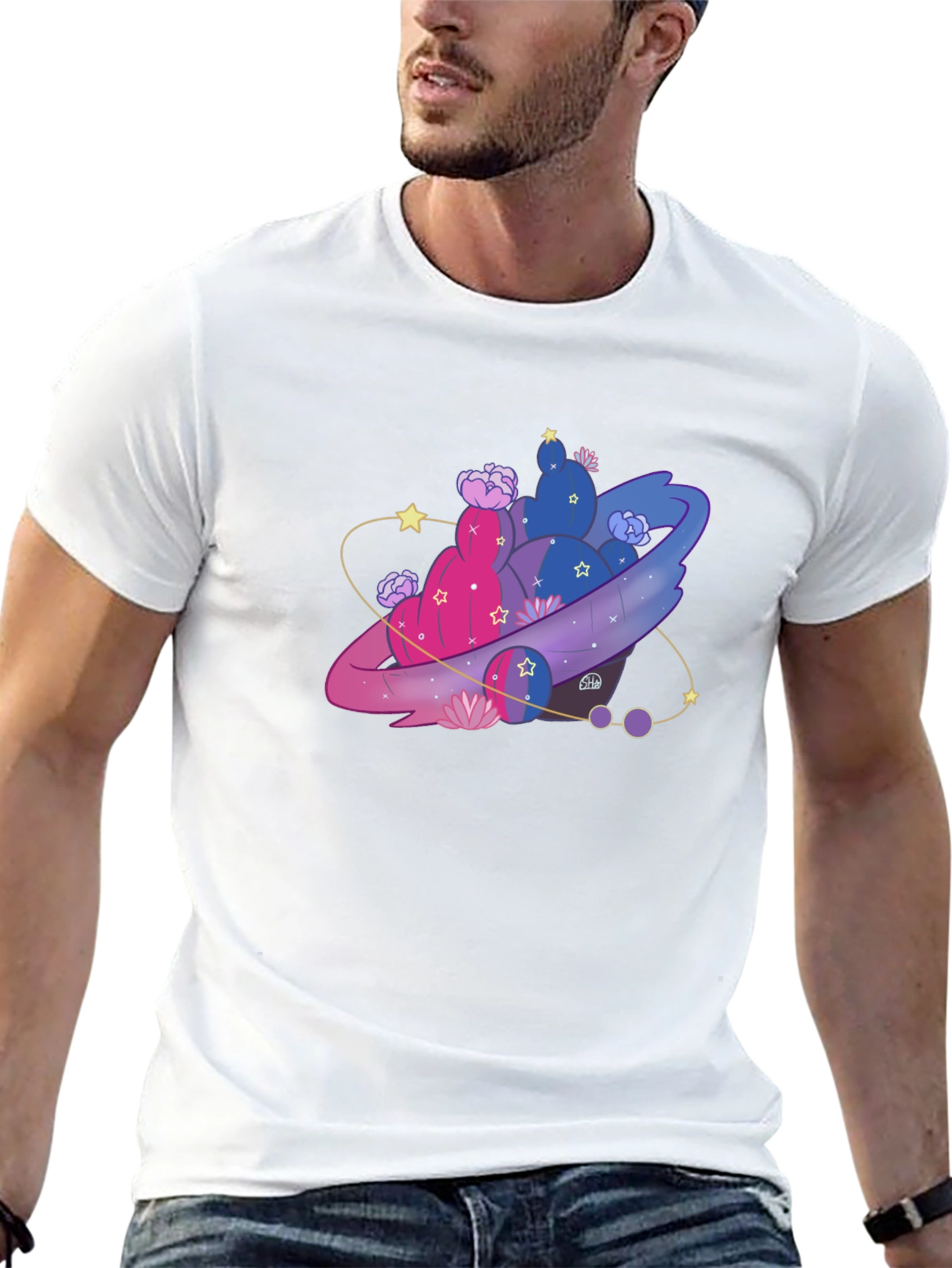 Black Cosmic Cactus T-Shirt - Unique Space Design view 13