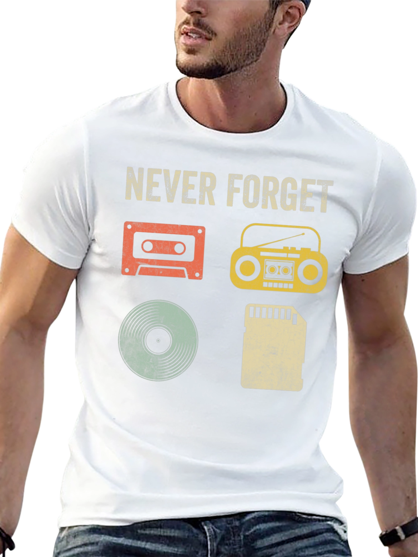Black Retro Music T-Shirt - Never Forget Media Evolution view 13