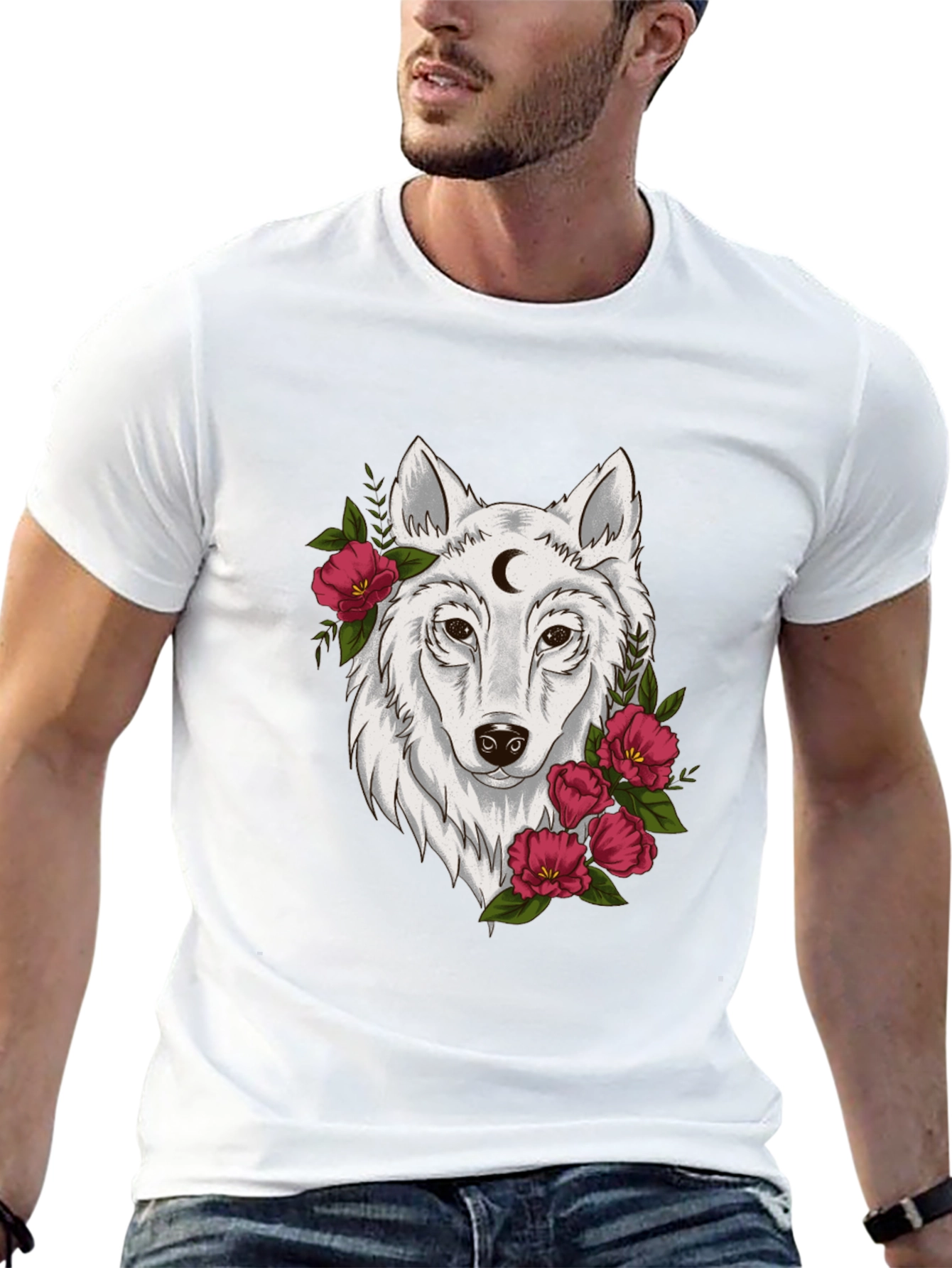 Black Wolf Moon & Flower Graphic T-Shirt - Mens view 13