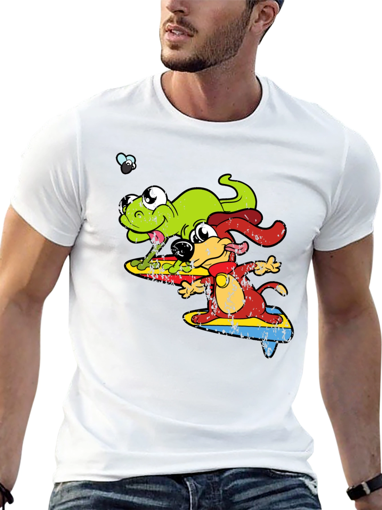 Black Cartoon Dog and Lizard Surfing Black T-Shirt view 13