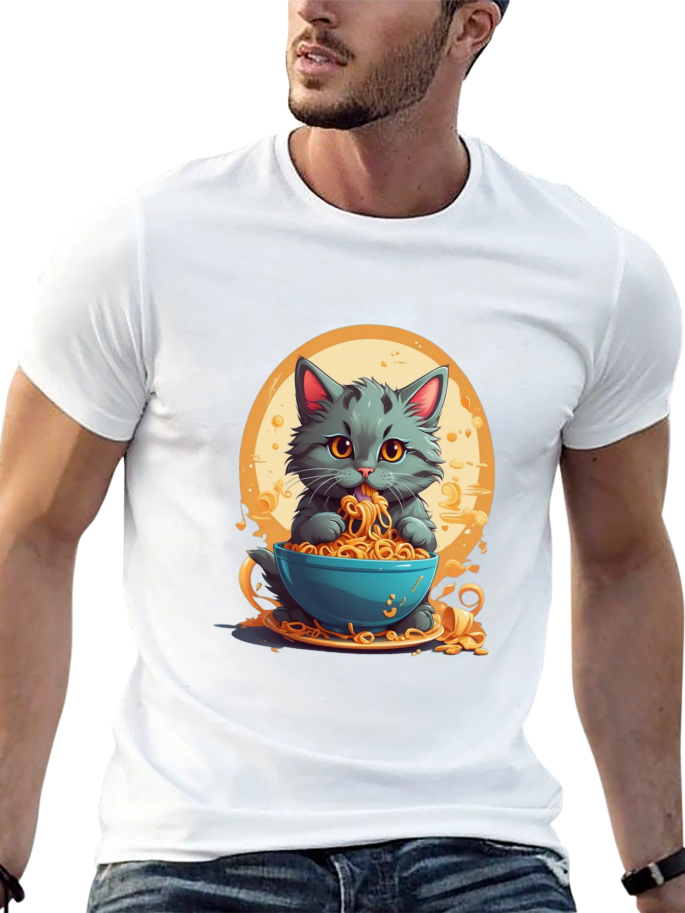 Black Cat Eating Noodles Graphic T-Shirt view 13