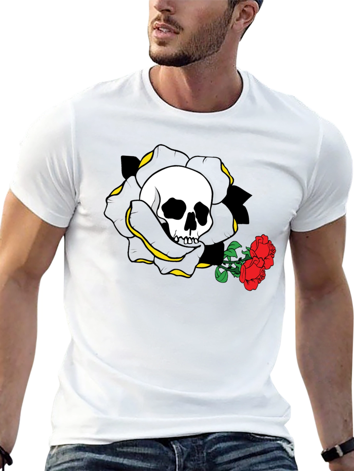 Skull and Roses Graphic Tee - Black Cotton Casual Shirt - 13