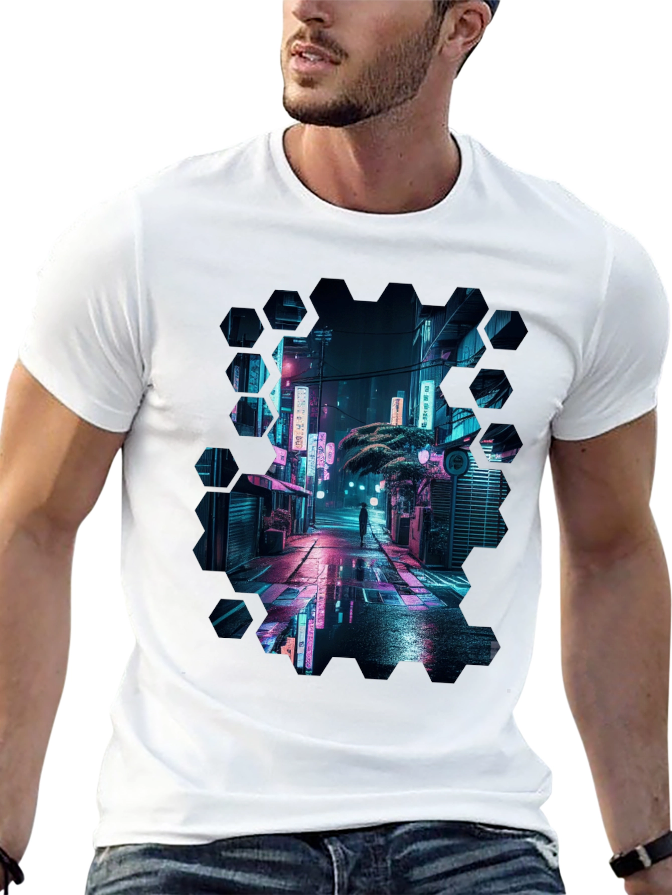Black Cyberpunk Cityscape Black T-Shirt view 13