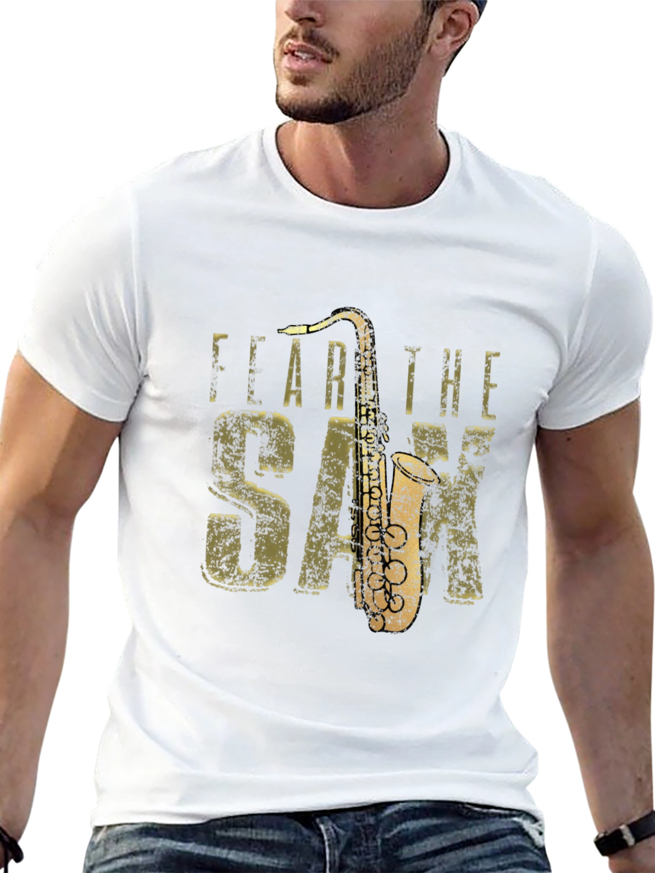 Black Fear the Sax T-Shirt - Black Cotton Tee with Saxophone Graphic view 13