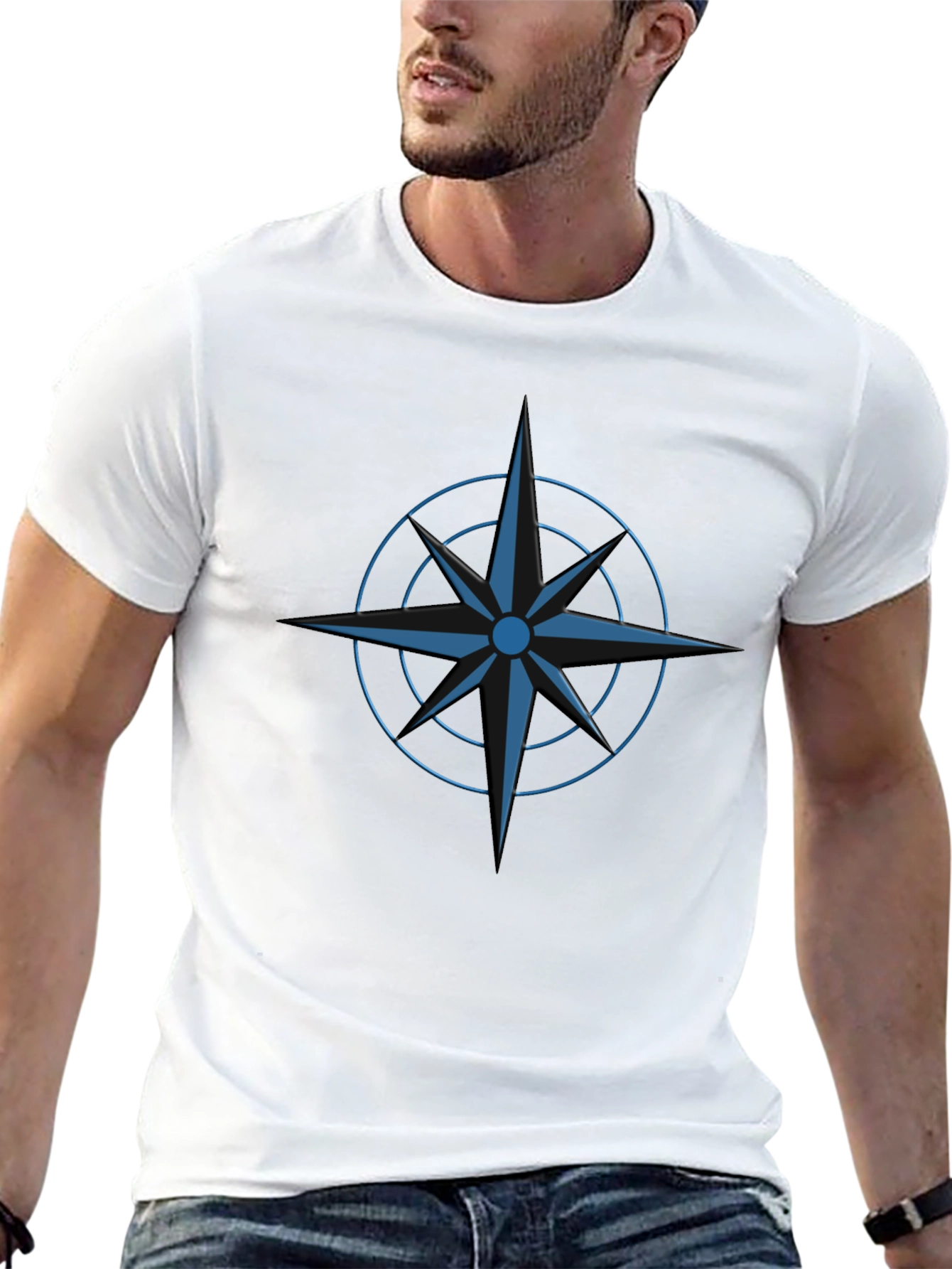 Black Stylish Black T-Shirt with Blue Compass Design view 13