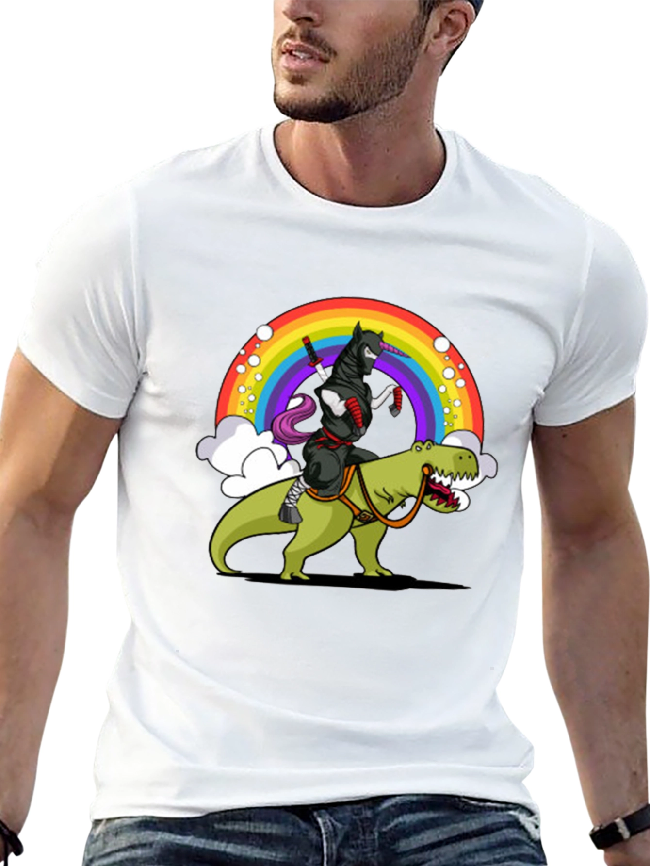 Black Ninja Unicorn Riding Dinosaur Rainbow T-Shirt view 13