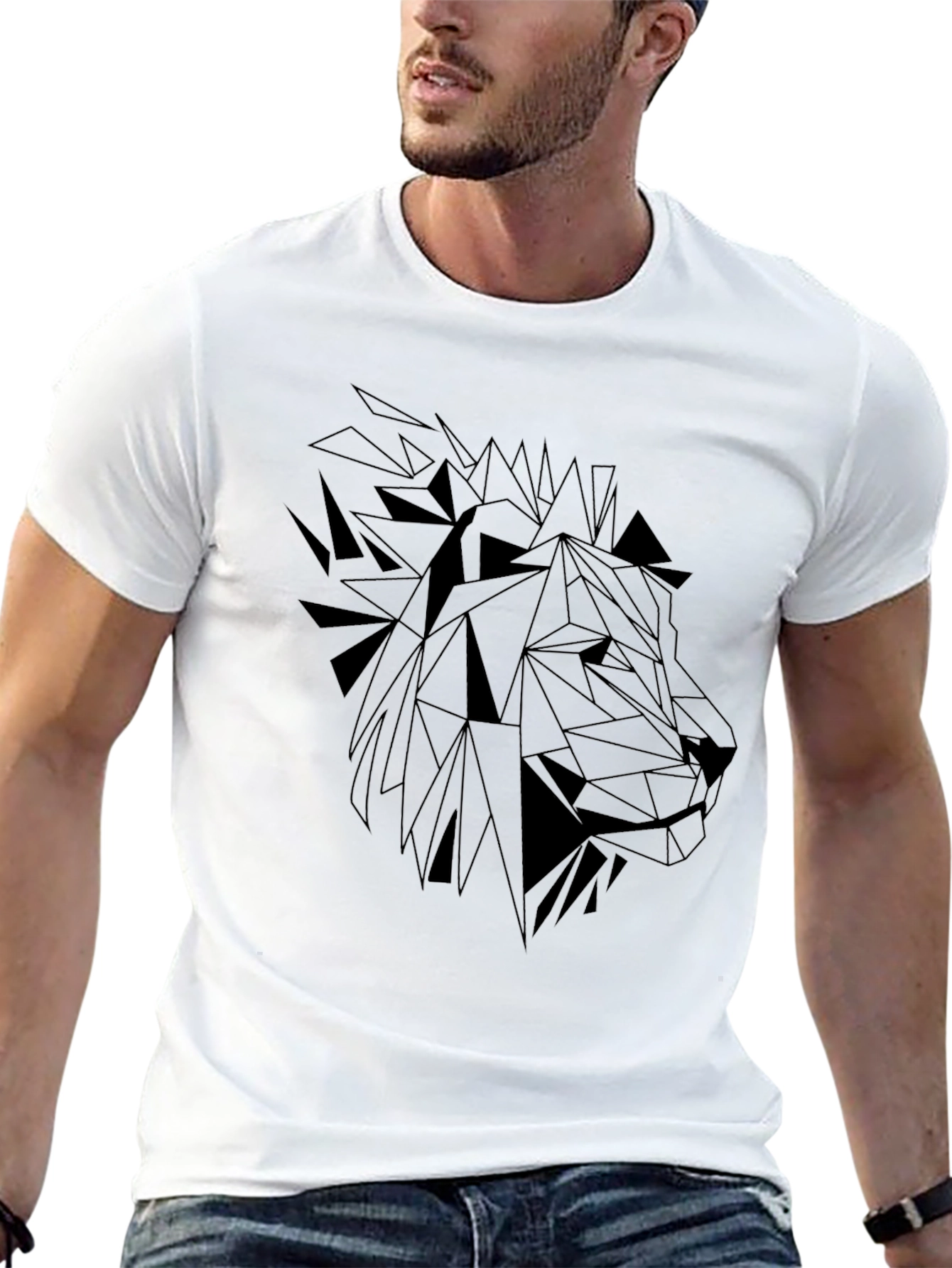 Black Geometric Lion Graphic Tee - Black Cotton Shirt view 13