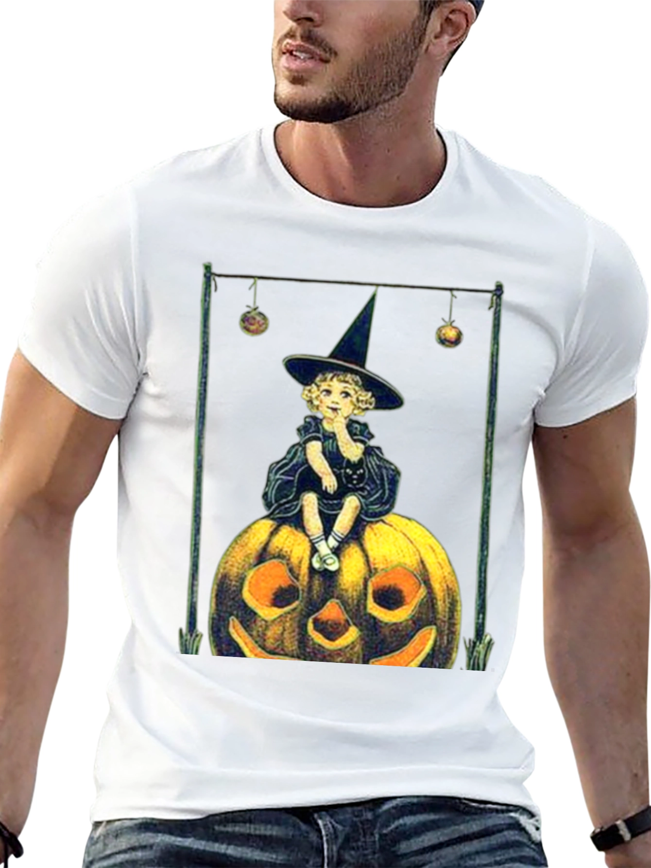 Black Vintage Witch on Pumpkin Halloween Tee view 13