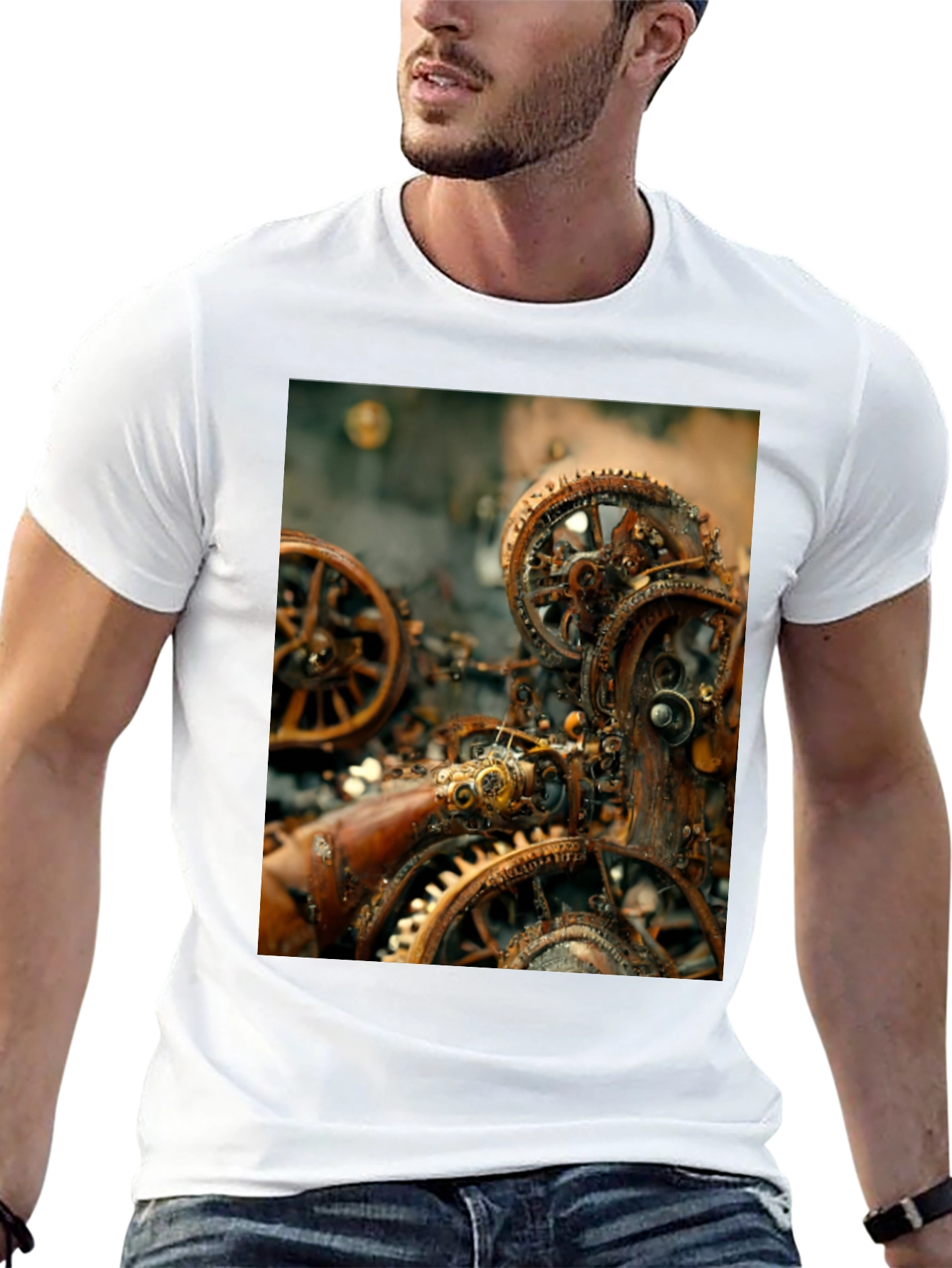 Black Steampunk Gears Graphic Tee - Black Cotton T-Shirt view 13