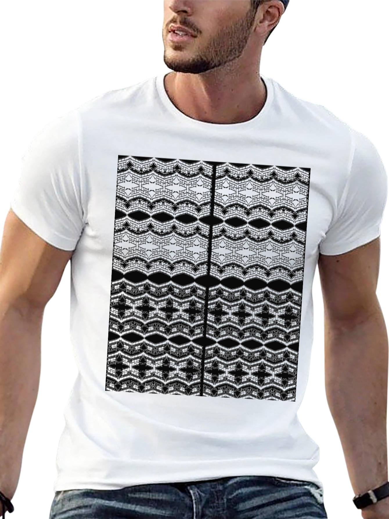 Black Men's Black Patterned Crew Neck T-Shirt view 13