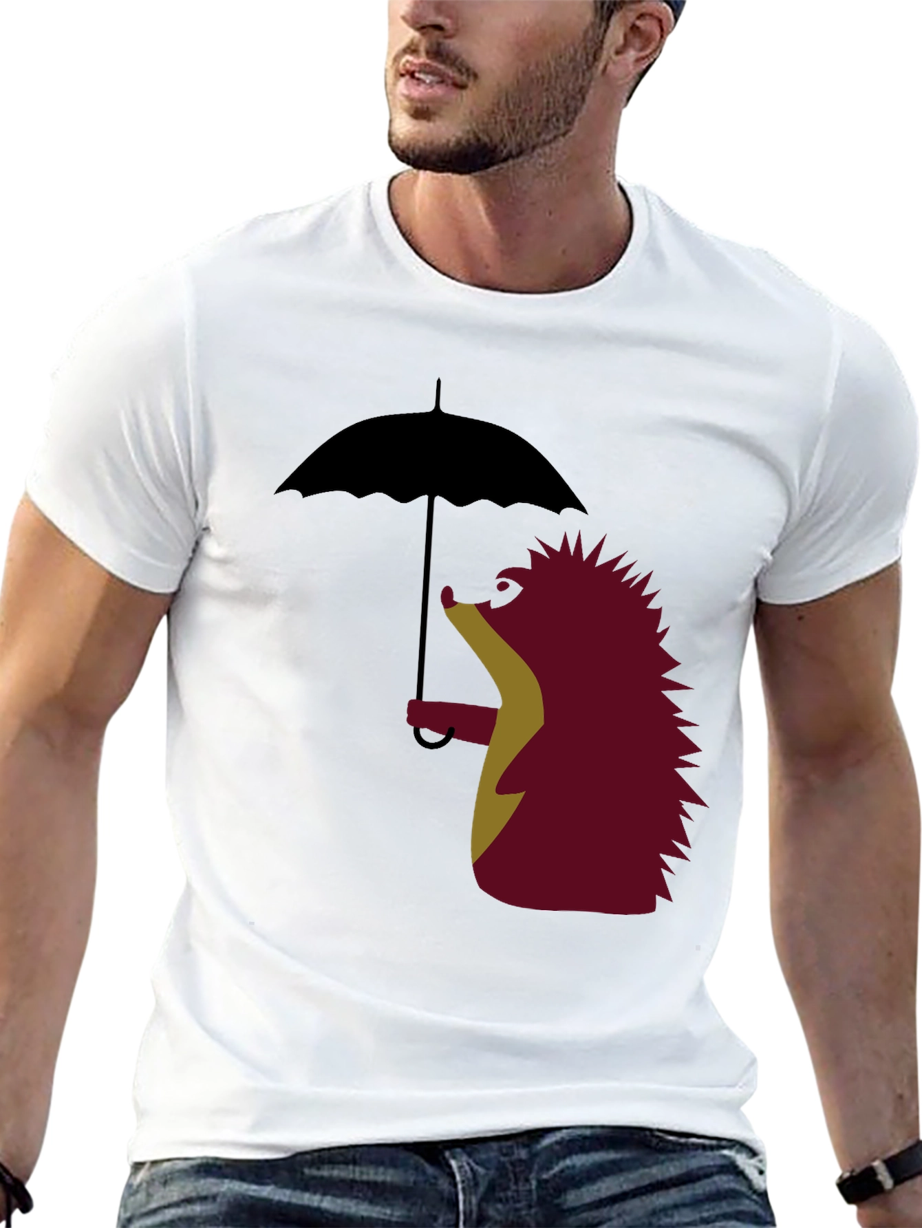 Black Whimsical Hedgehog Under Umbrella Graphic Tee view 13