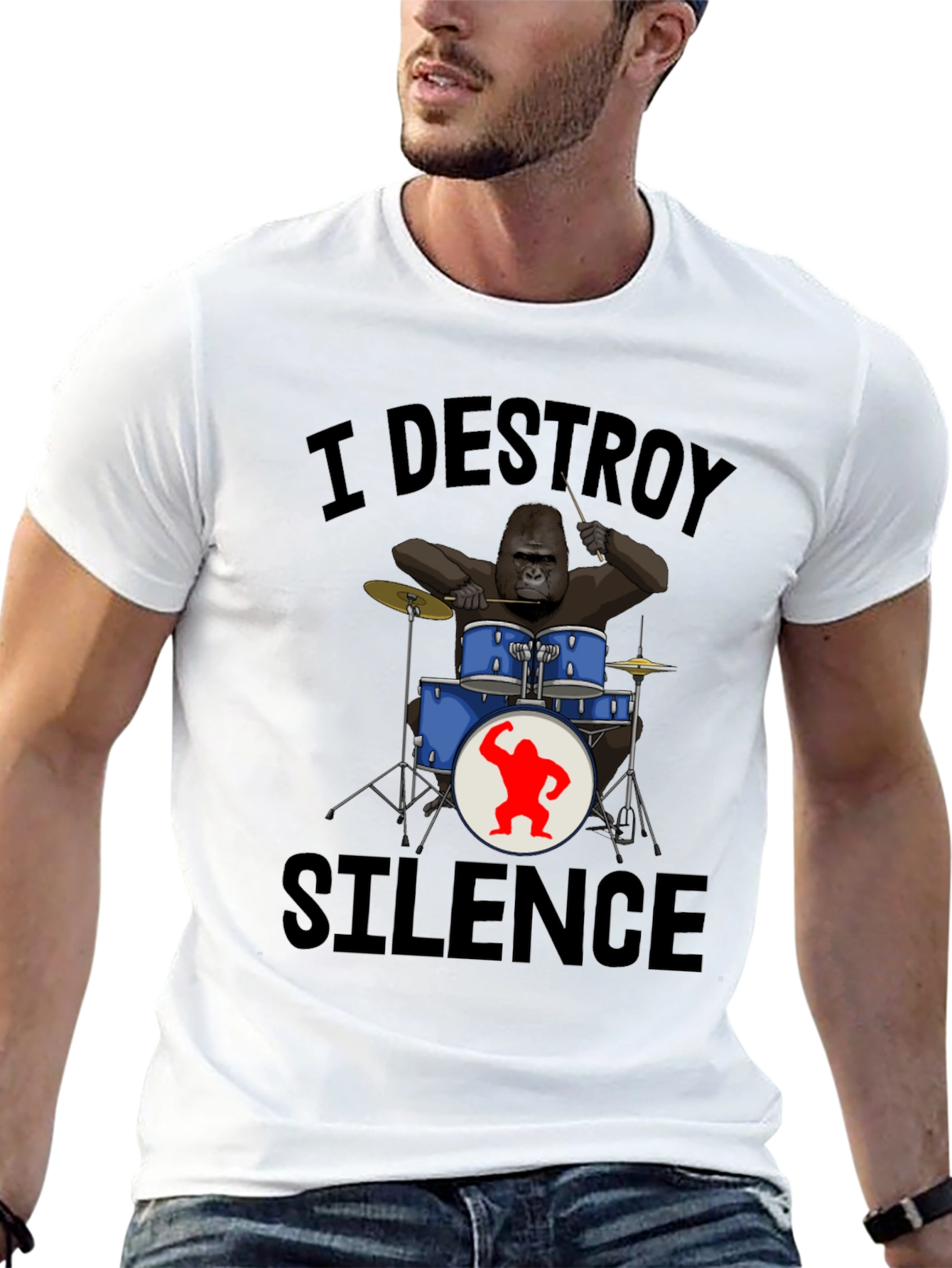 Black I Destroy Silence Gorilla Drummer T-Shirt view 13
