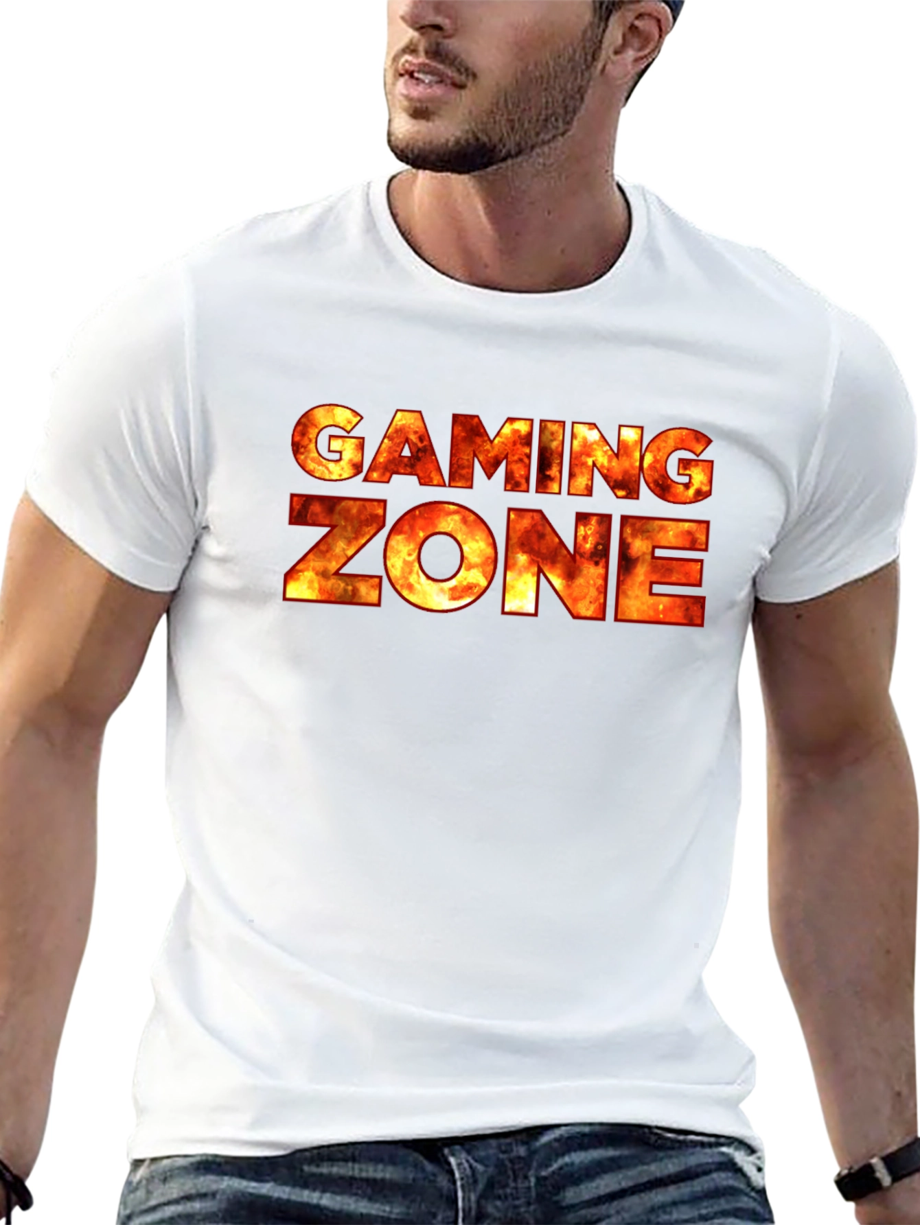 Black Gaming Zone Fire Text Black T-Shirt view 13
