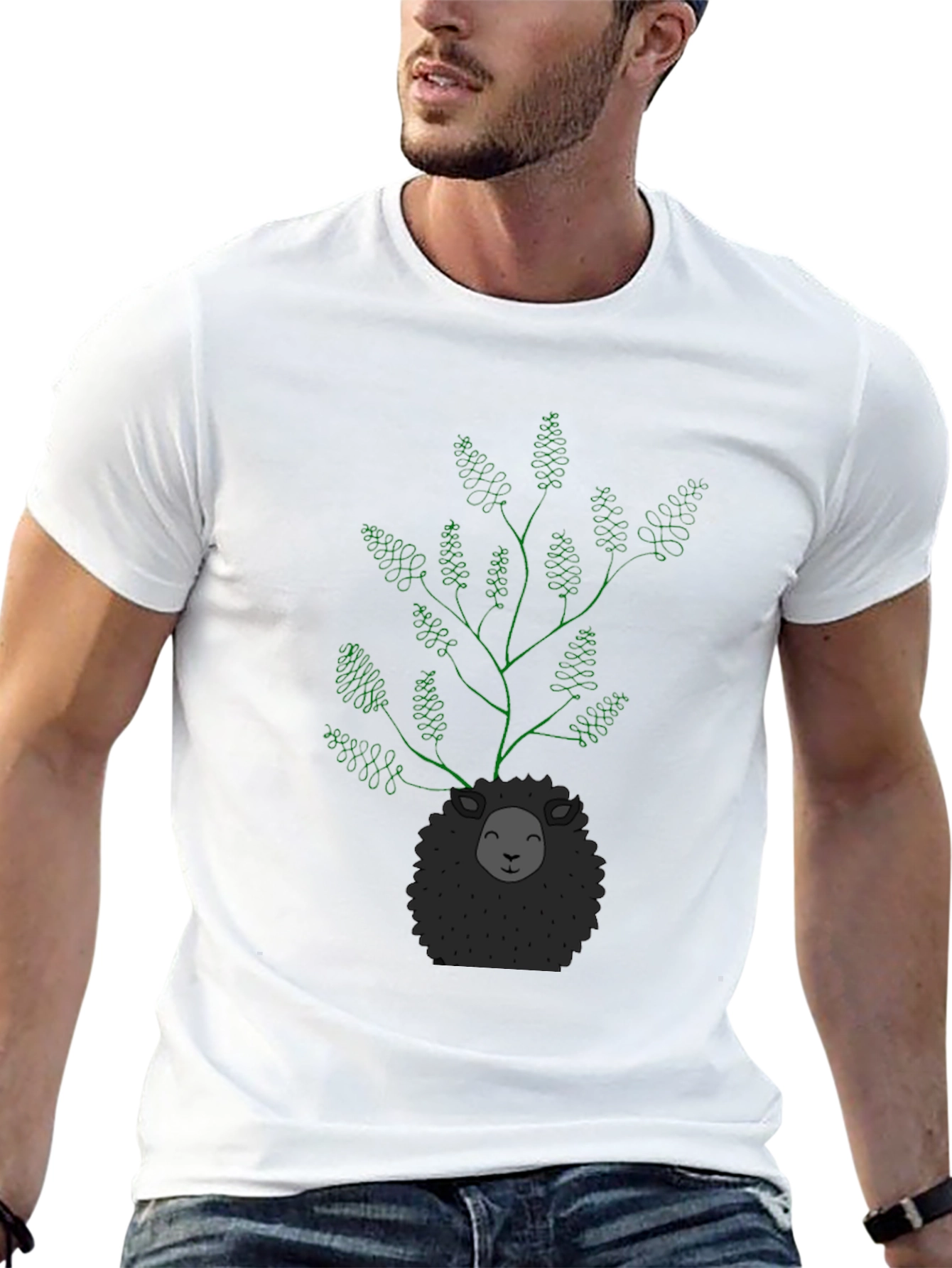 Black Unique Sheep & Tree Graphic Black T-Shirt view 13