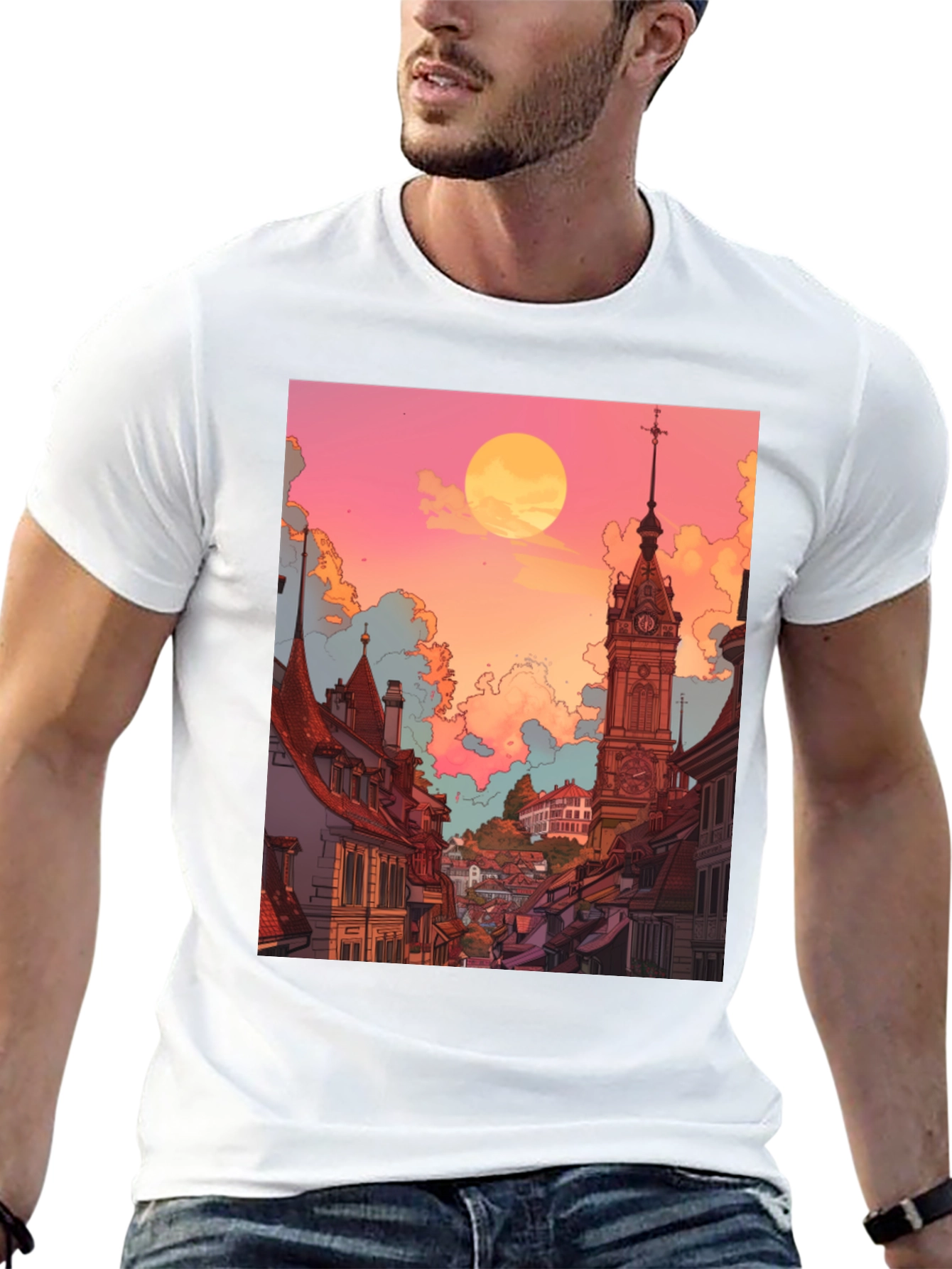 Black Retro Cityscape Graphic Tee - Unisex Black T-Shirt view 13
