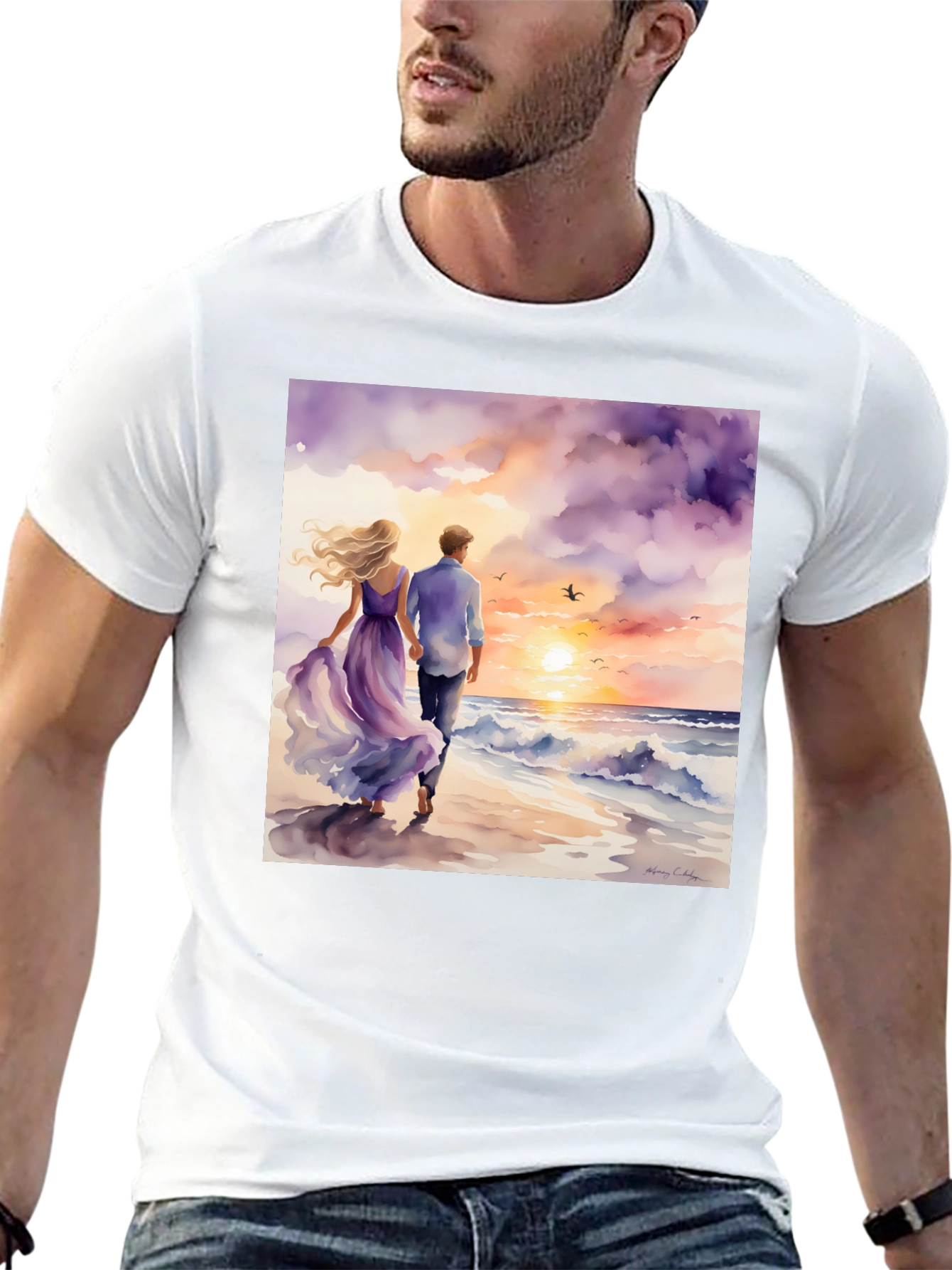 Black Romantic Sunset Couple T-Shirt view 13