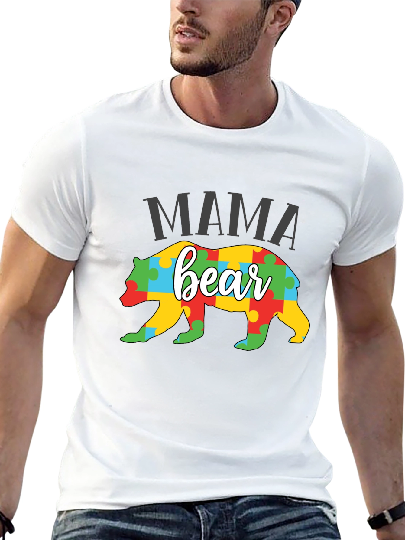 Black Mama Bear Puzzle Piece Autism Awareness T-Shirt view 13