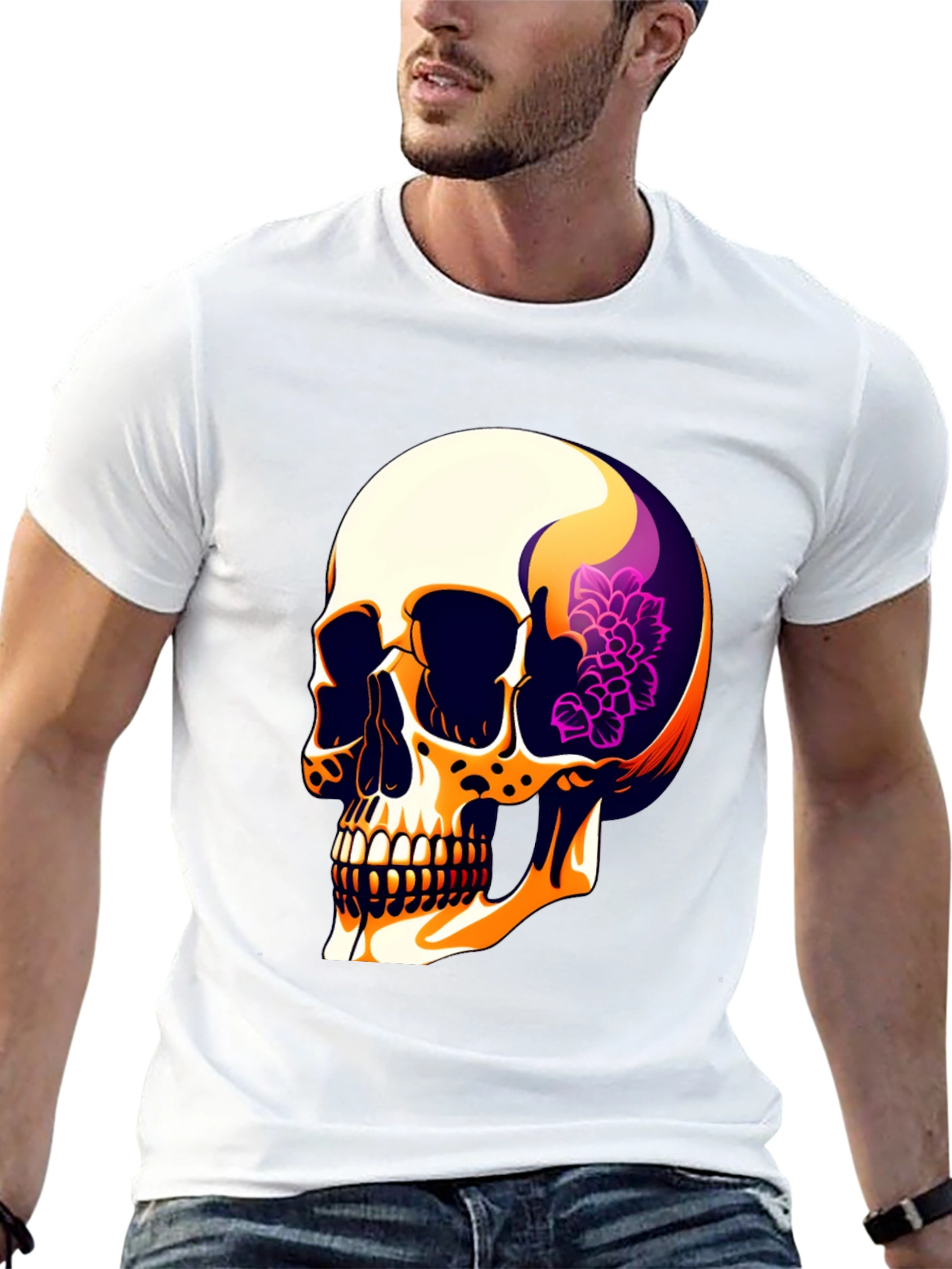 Black Skull & Floral Graphic Print Men's T-Shirt view 13