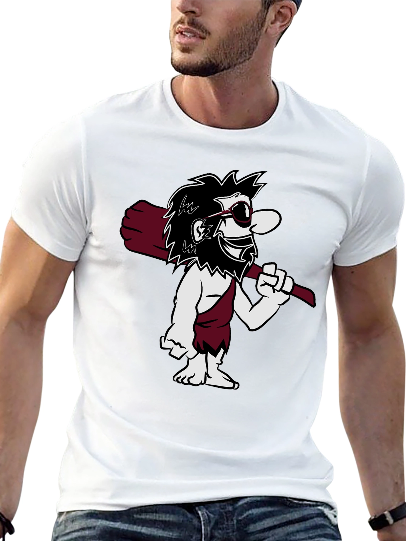 Black Cool Caveman Cartoon Graphic Tee - Black view 13