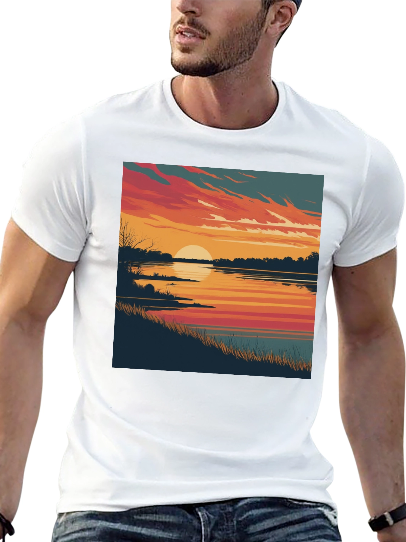 Black Sunset Lake Graphic Tee - Black Cotton Blend Comfort view 13