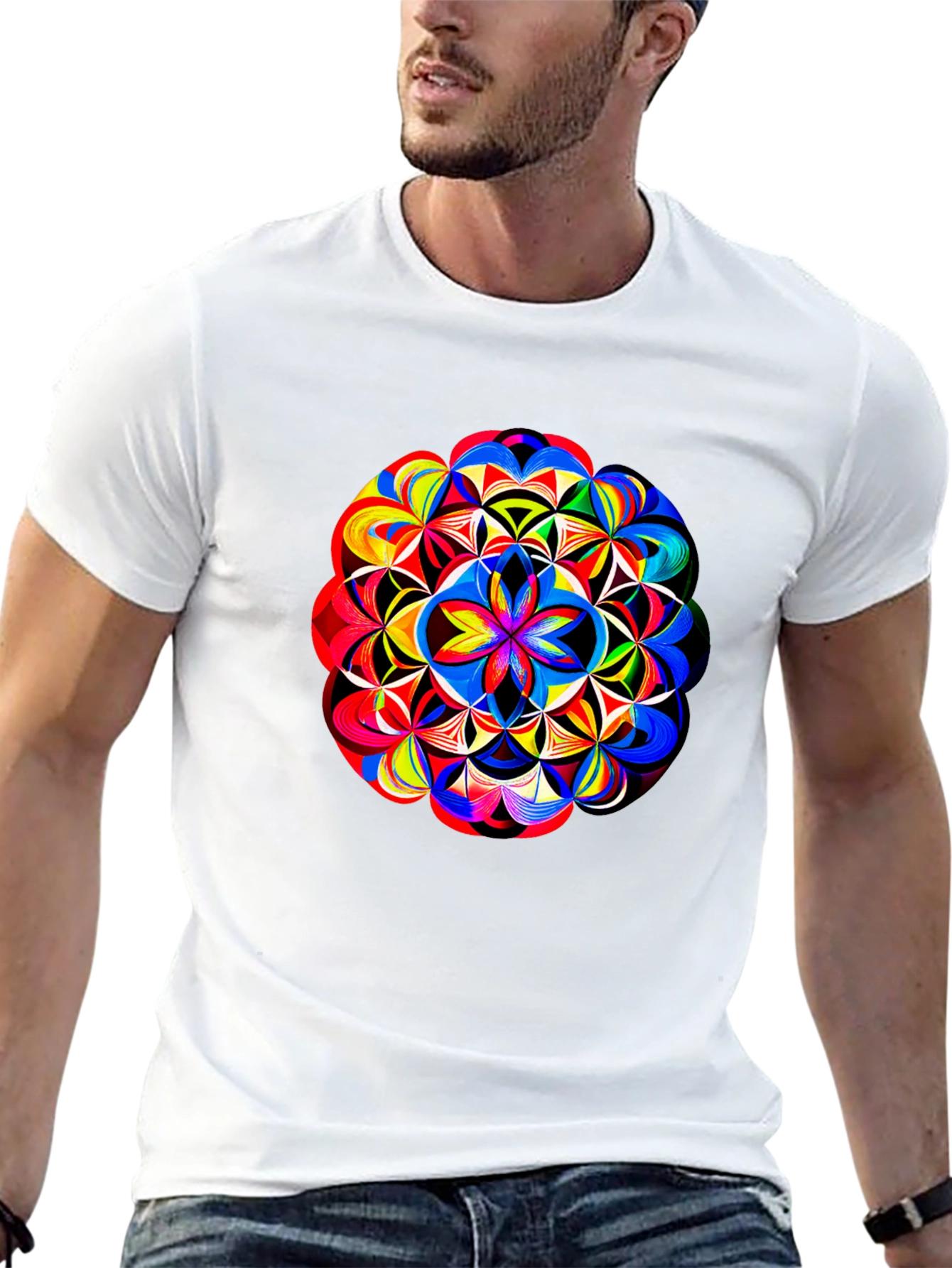 Black Vibrant Geometric Mandala Print Black T-Shirt view 13