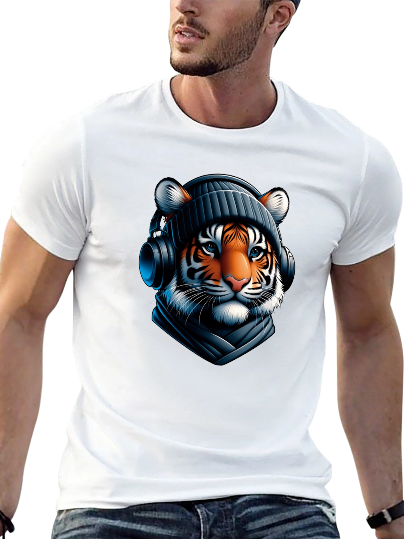 Black Tiger with Headphones Graphic Tee view 13