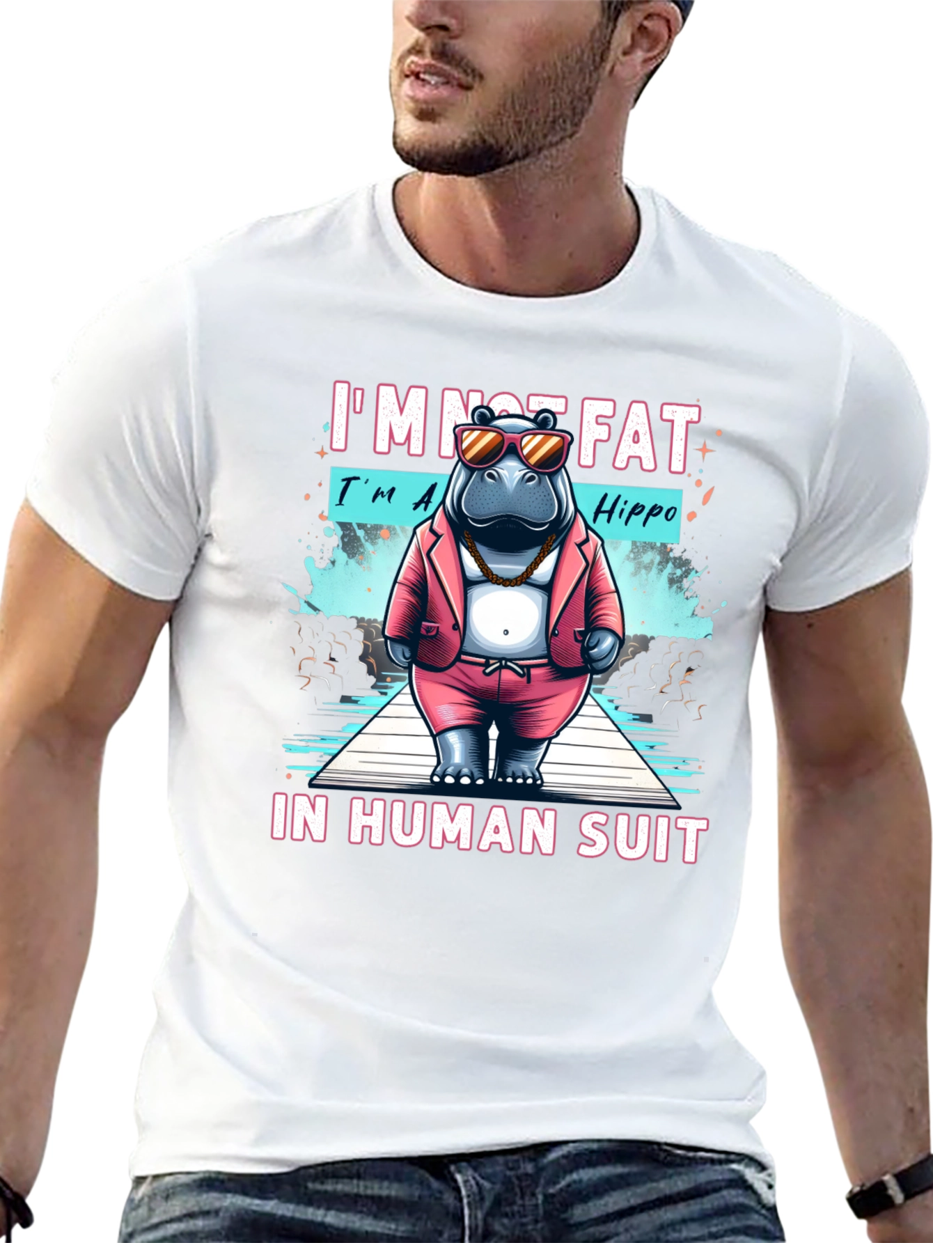 Black Funny Hippo in Human Suit Graphic Tee view 13