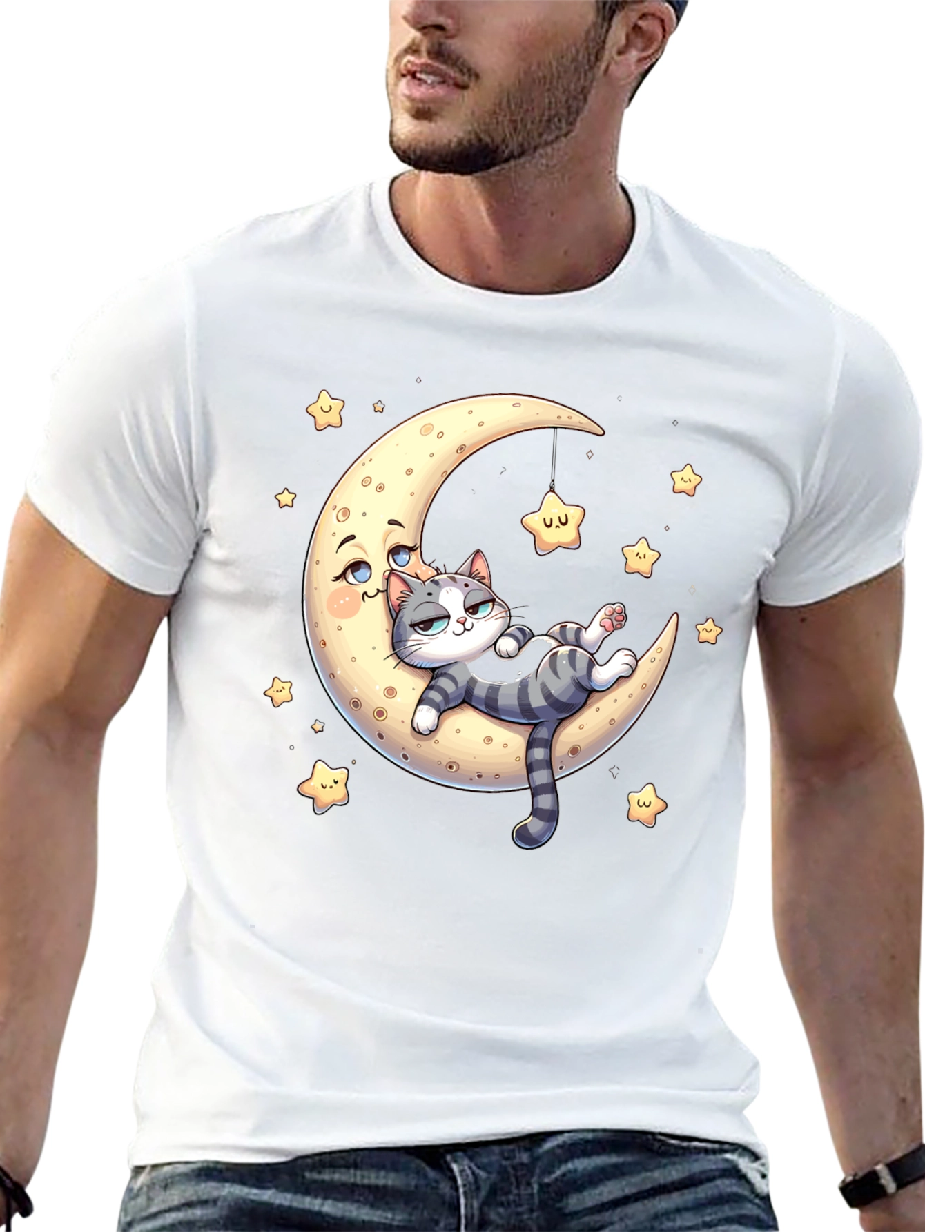 Black Cute Cat Moon Graphic T-Shirt view 13