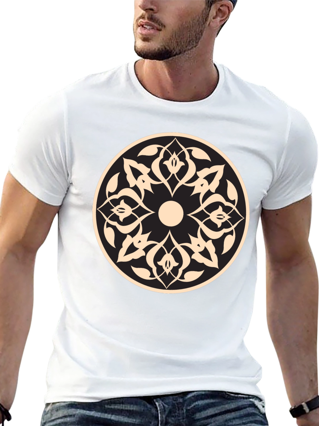 Black Black T-Shirt with Beige Geometric Mandala Design view 13